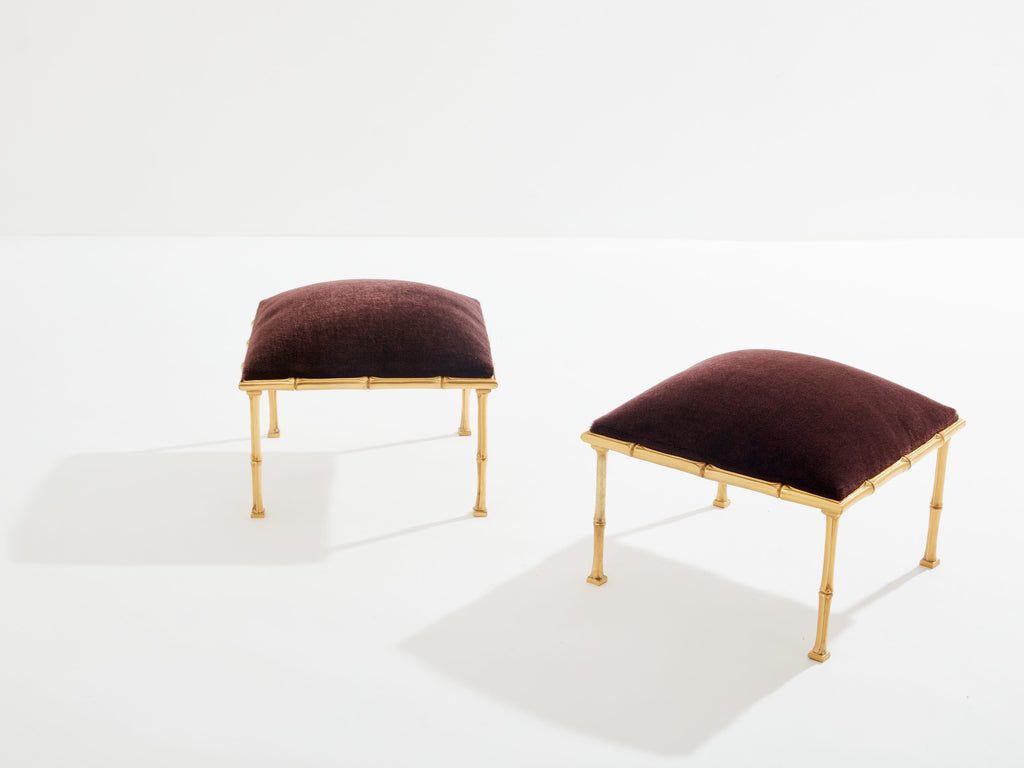 Maison Baguès pair of bamboo brass mohair velvet footstools 1960s