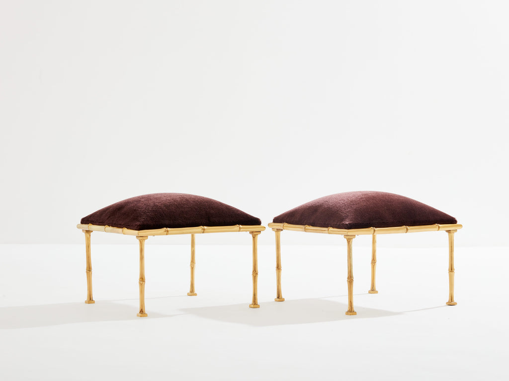 Maison Baguès pair of bamboo brass mohair velvet footstools 1960s