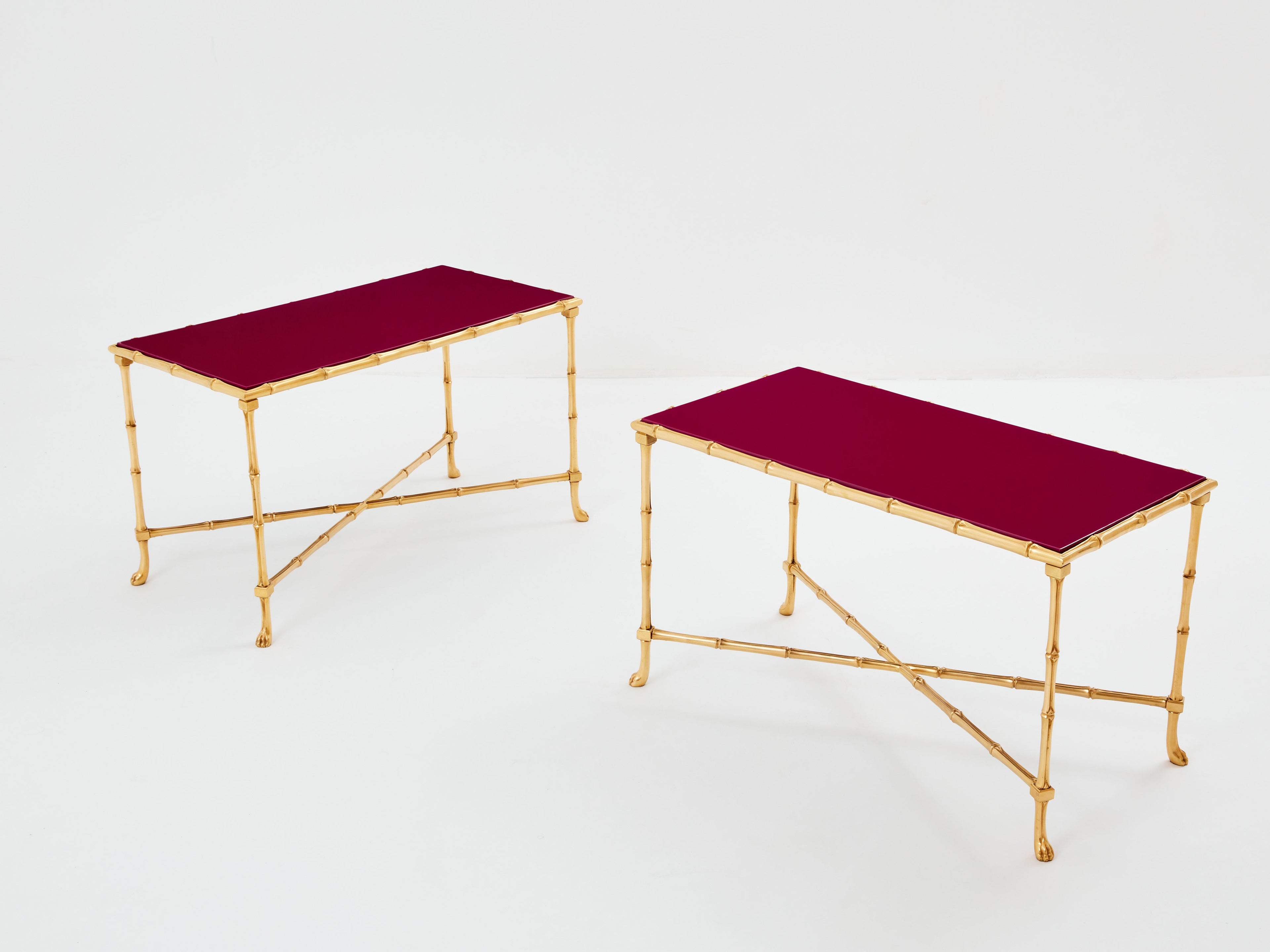 Maison Baguès pair of bamboo brass red lacquer end tables 1960s