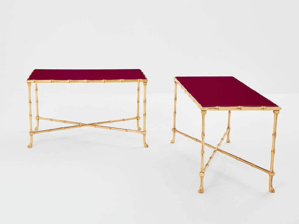 Maison Baguès pair of bamboo brass red lacquer end tables 1960s