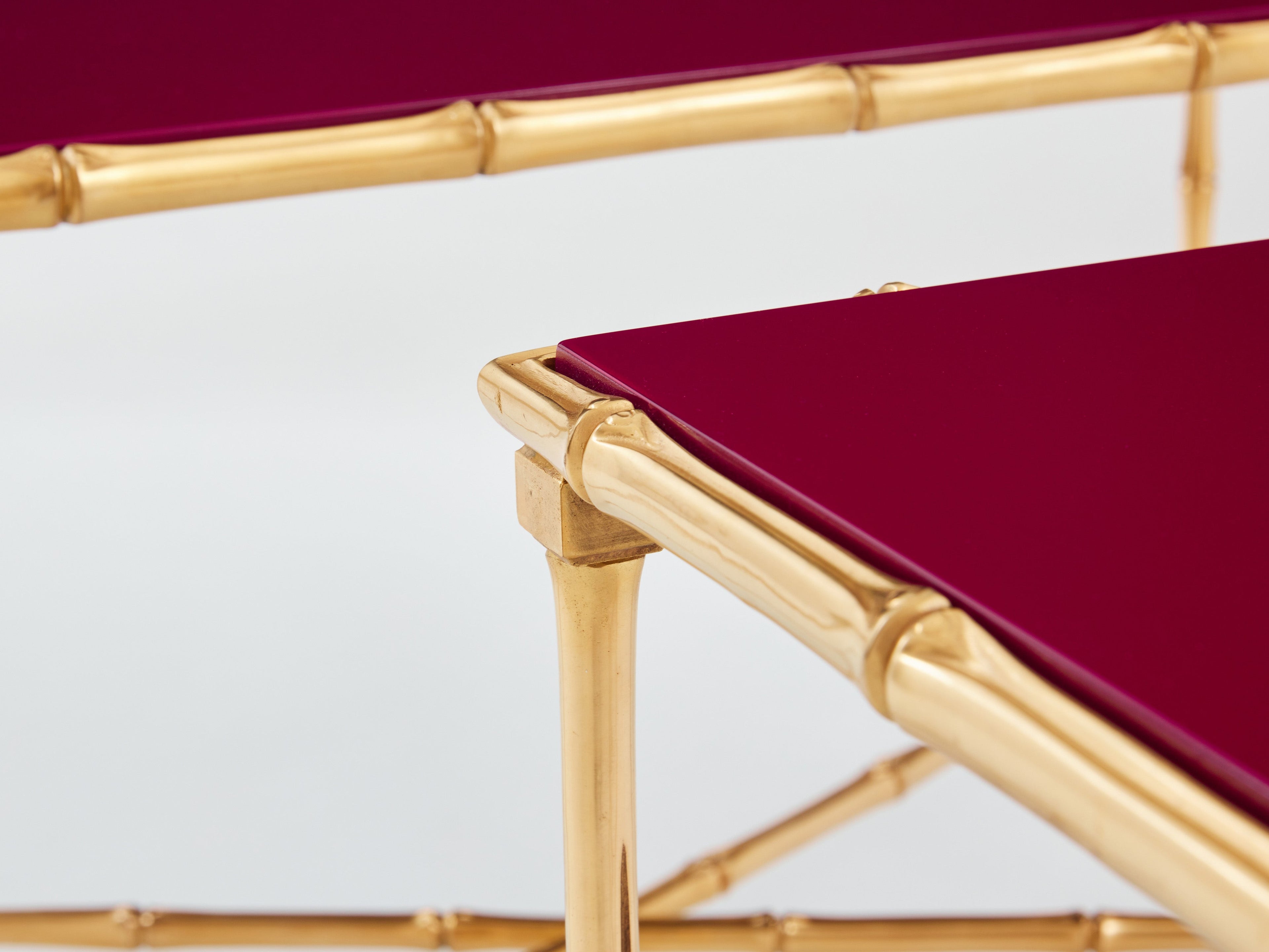 Maison Baguès pair of bamboo brass red lacquer end tables 1960s