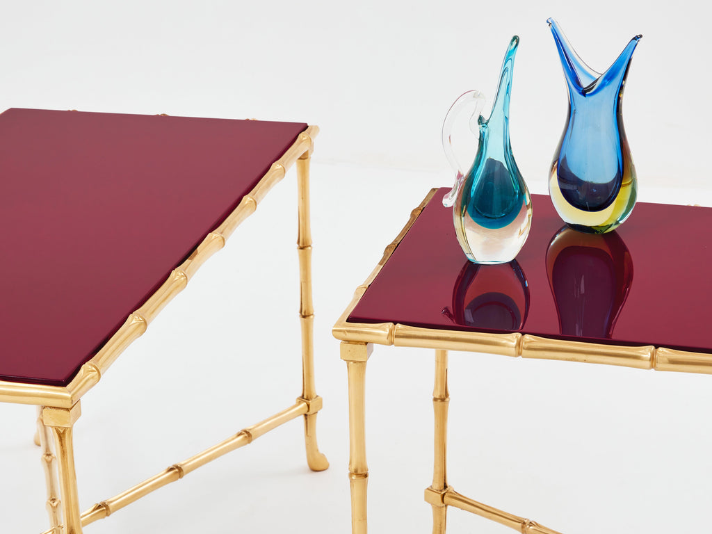 Maison Baguès pair of bamboo brass red lacquer end tables 1960s