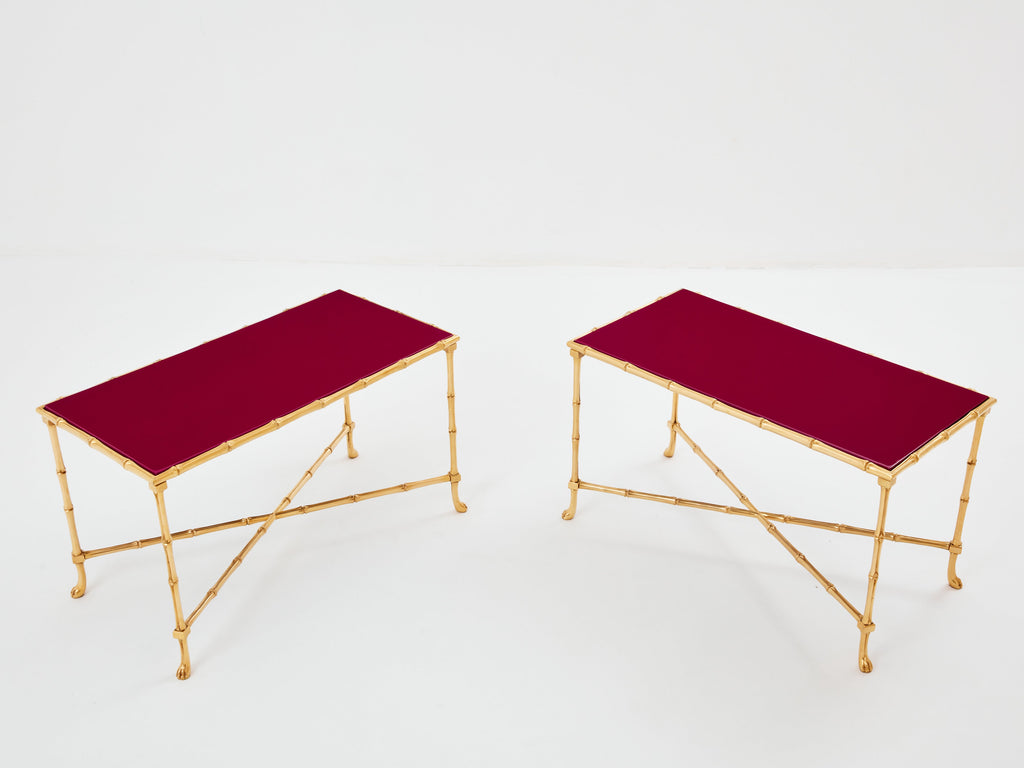Maison Baguès pair of bamboo brass red lacquer end tables 1960s