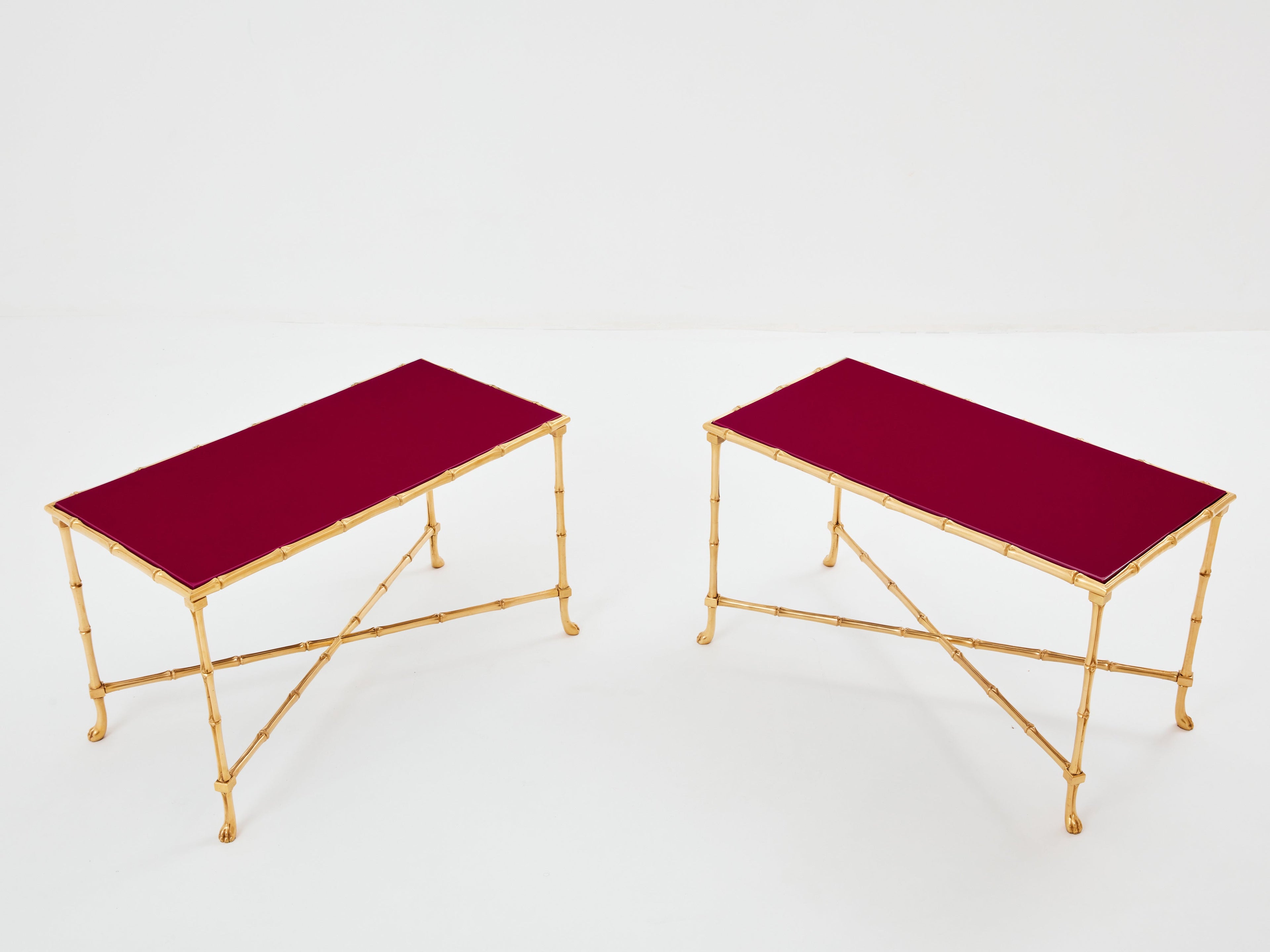 Maison Baguès pair of bamboo brass red lacquer end tables 1960s