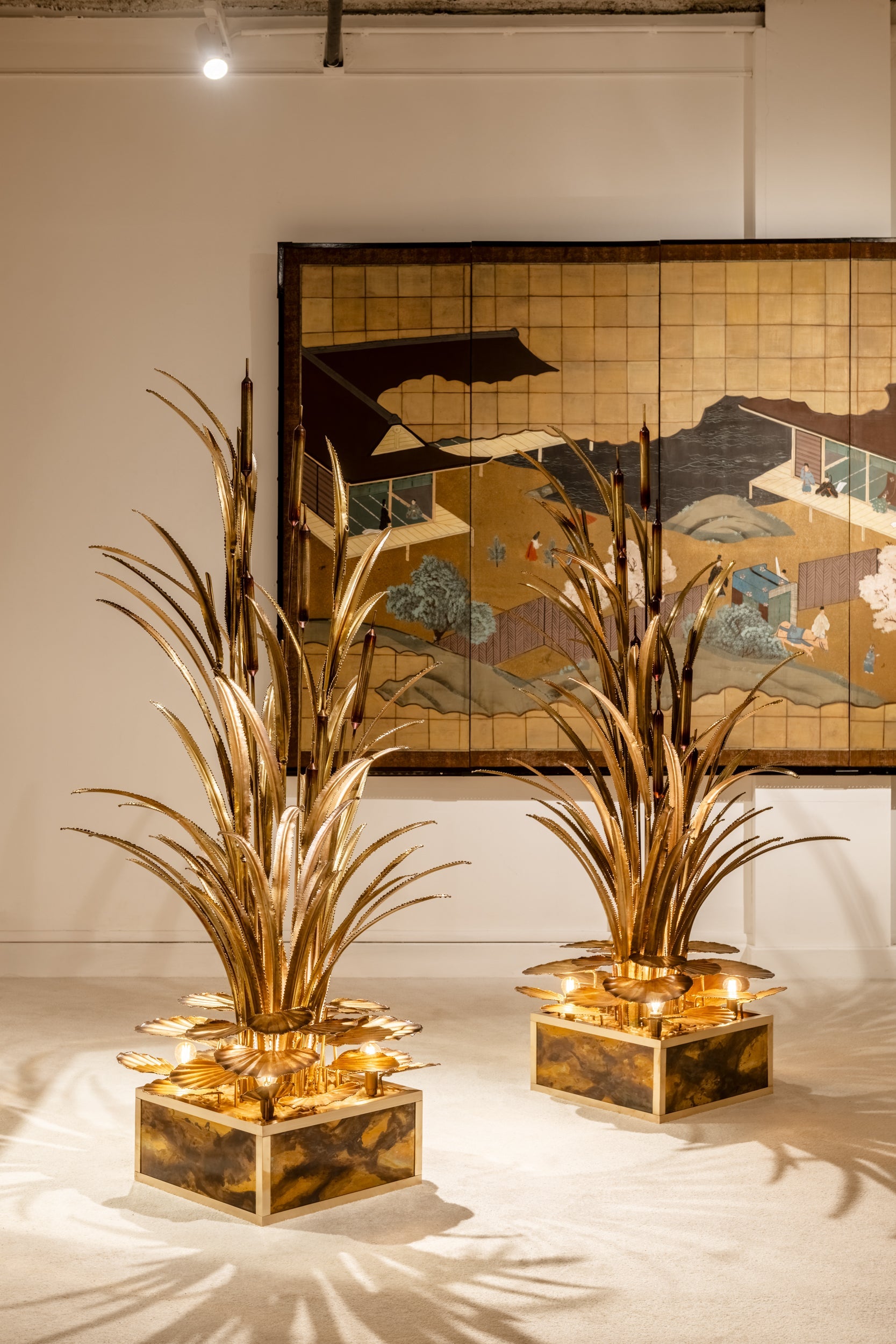 Maison Jansen pair of brass reeds water lilies floor lamps 1970s
