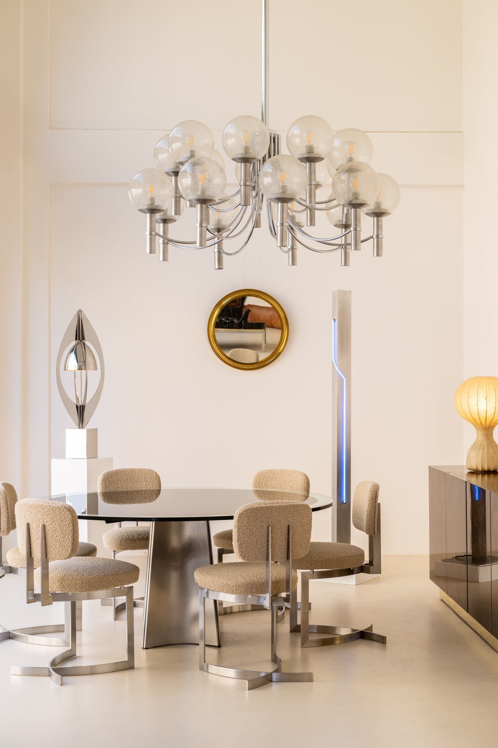 Pair of unique Veronese chandeliers 65 inches steel Murano glass 1970
