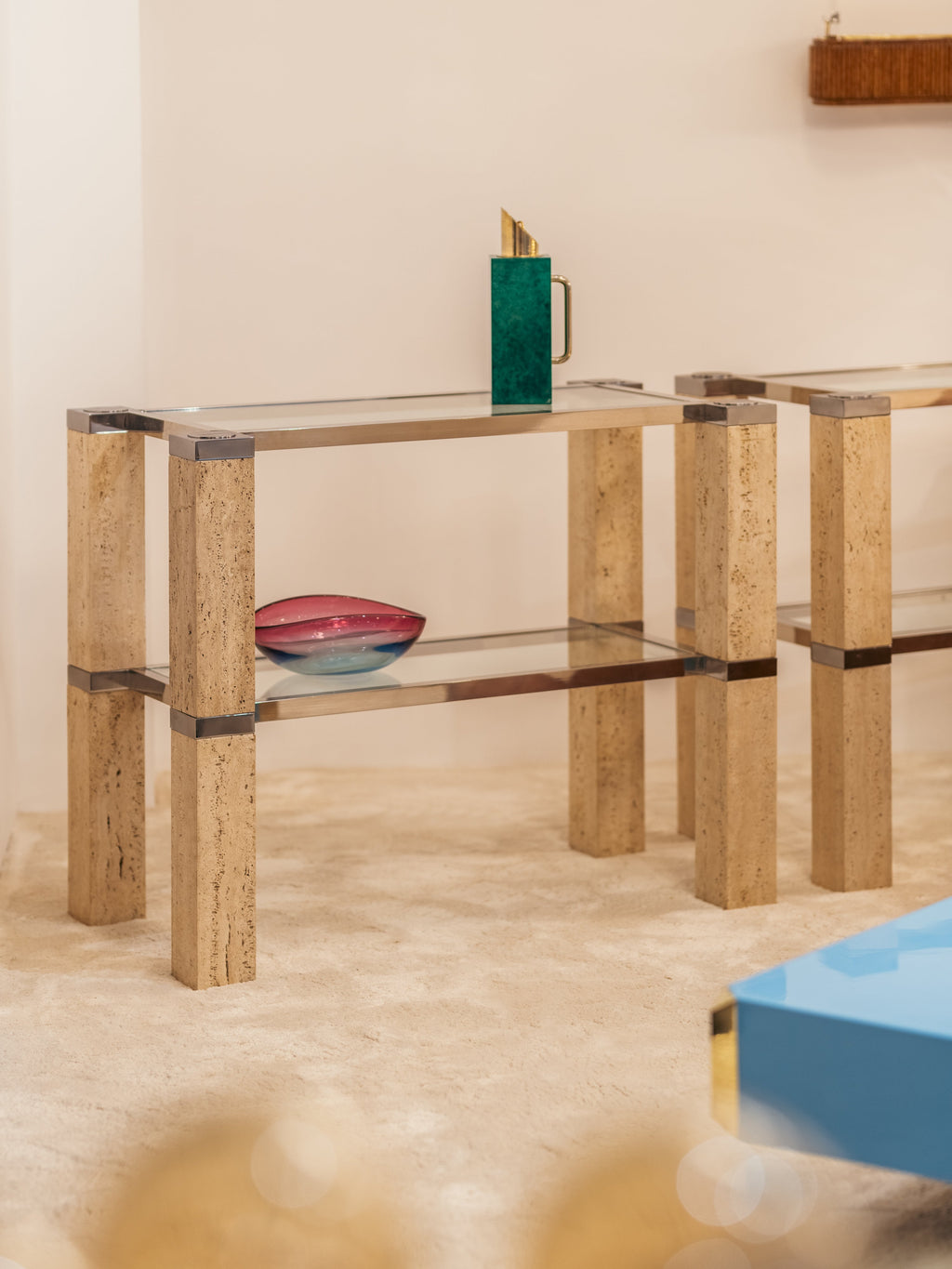 Pair of François Catroux chrome and travertine console tables 1973