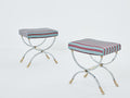 Maison Charles pair of Neoclassical steel brass curule stools 1960s