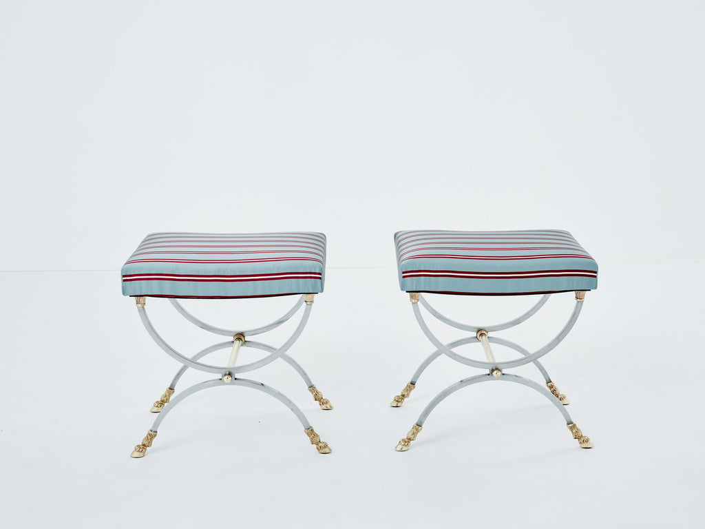 Maison Charles pair of Neoclassical steel brass curule stools 1960s