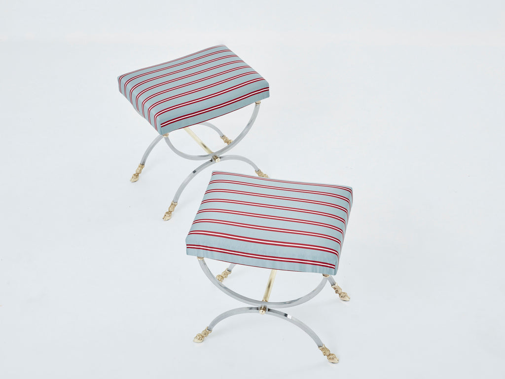 Maison Charles pair of Neoclassical steel brass curule stools 1960s