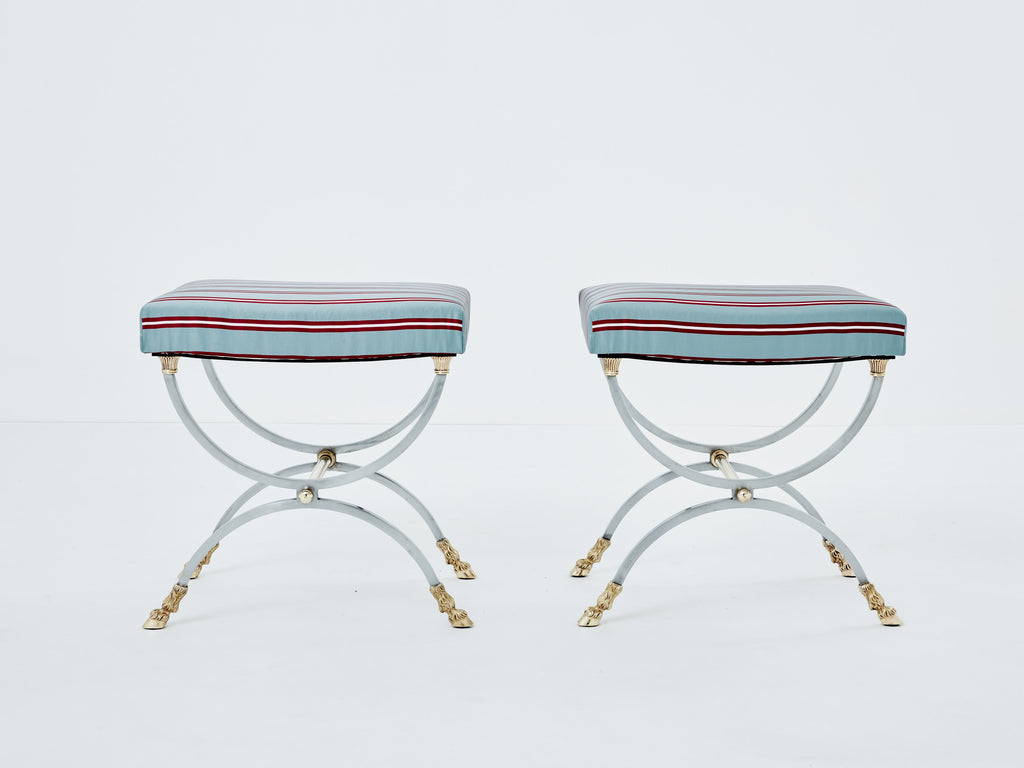 Maison Charles pair of Neoclassical steel brass curule stools 1960s