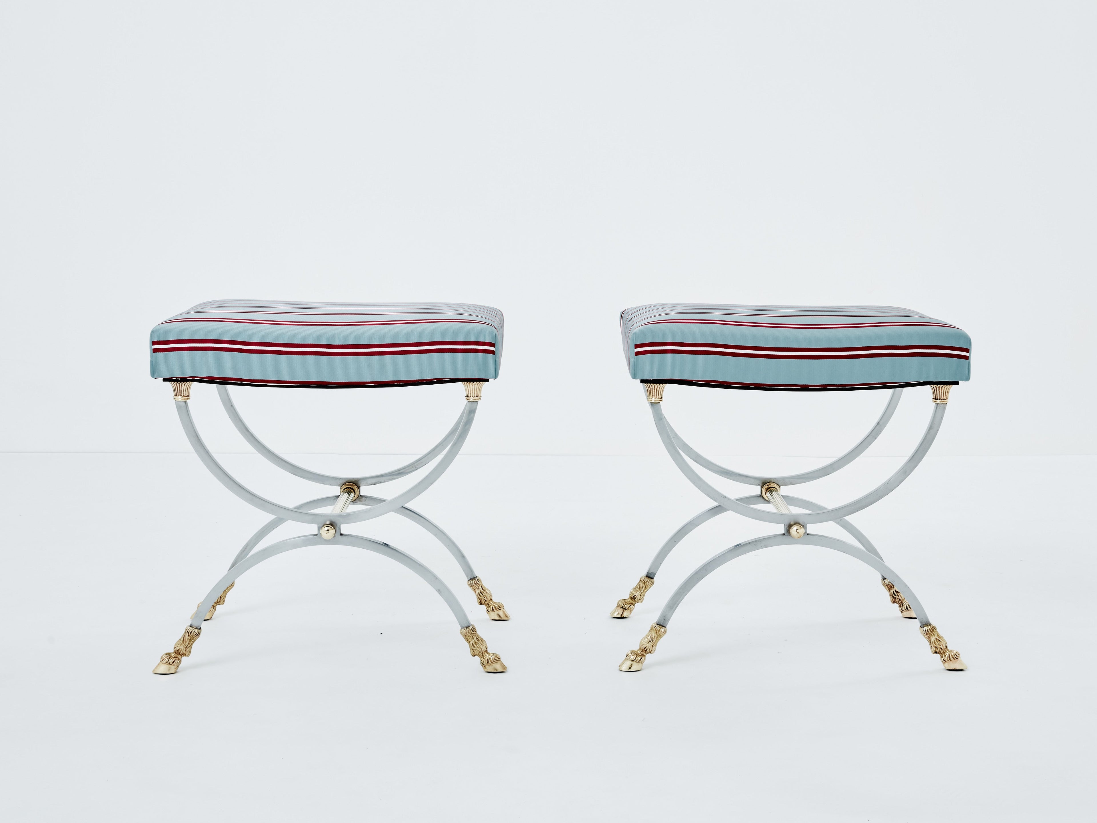 Maison Charles pair of Neoclassical steel brass curule stools 1960s