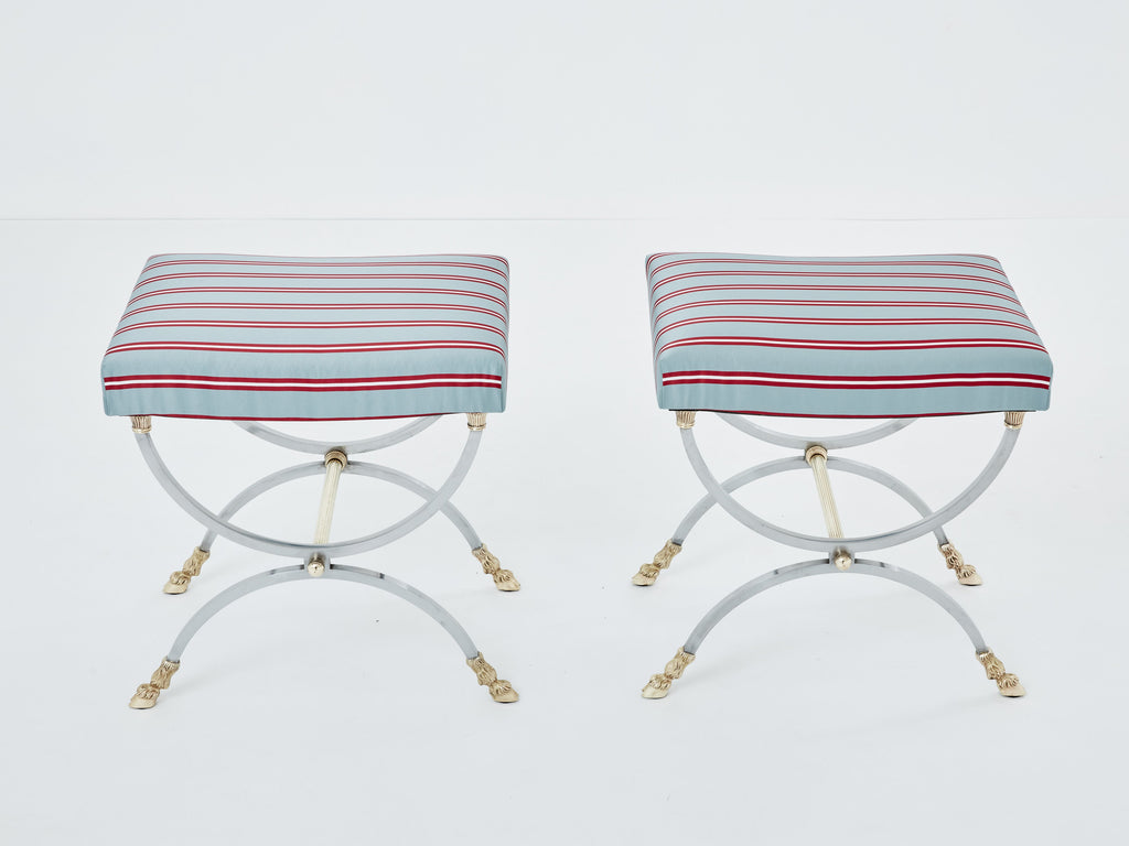 Maison Charles pair of Neoclassical steel brass curule stools 1960s