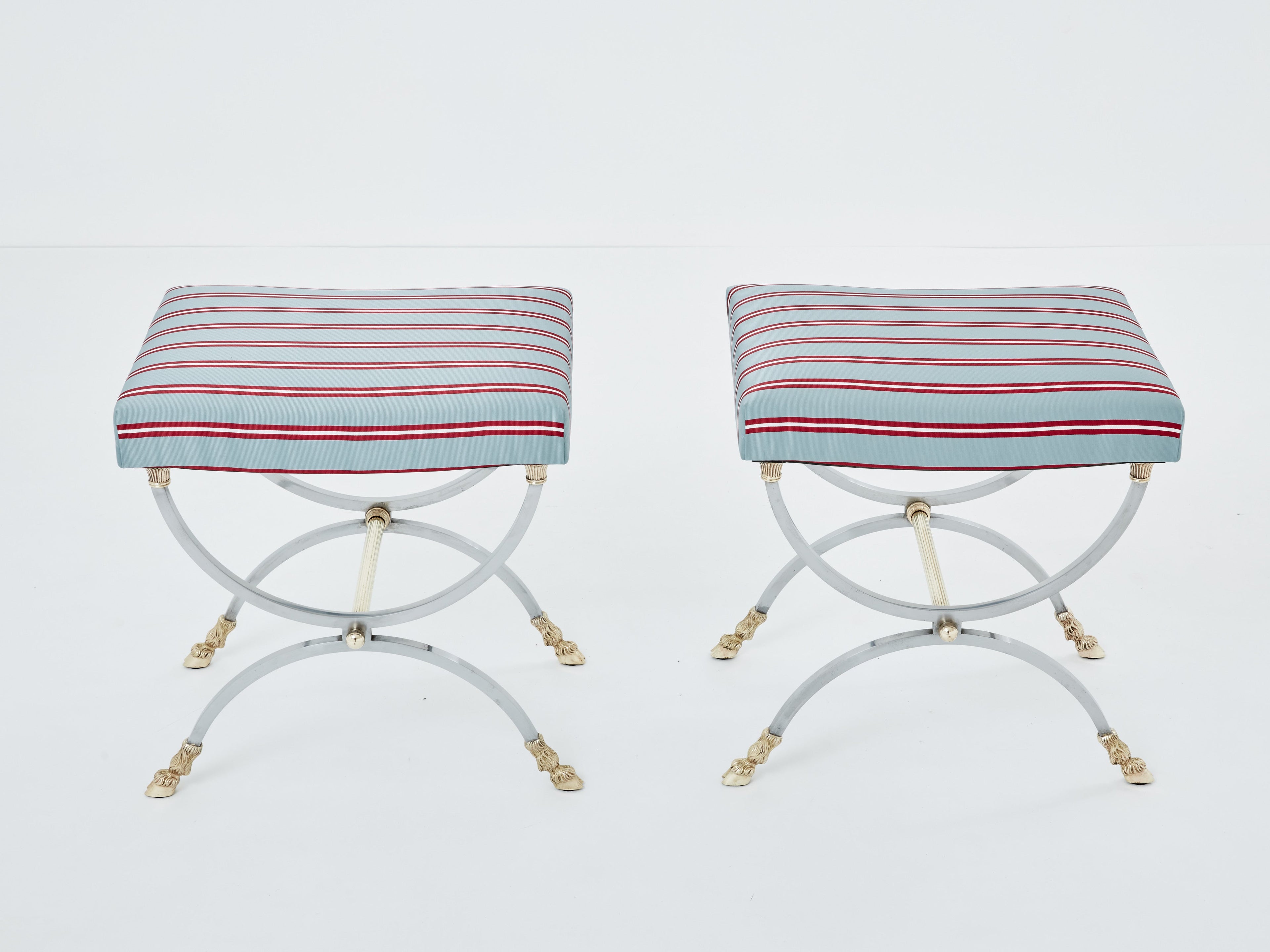 Maison Charles pair of Neoclassical steel brass curule stools 1960s