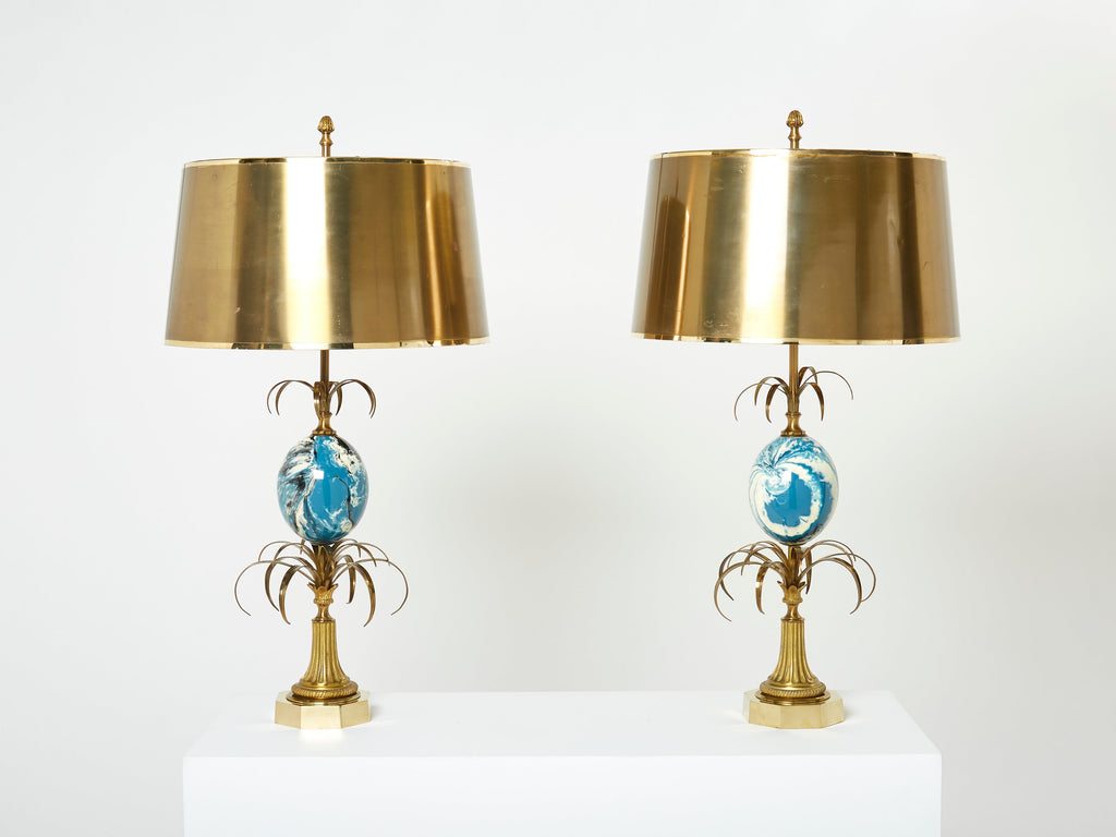 Maison Charles pair of brass lamps blue ostrich egg original shades 1960s