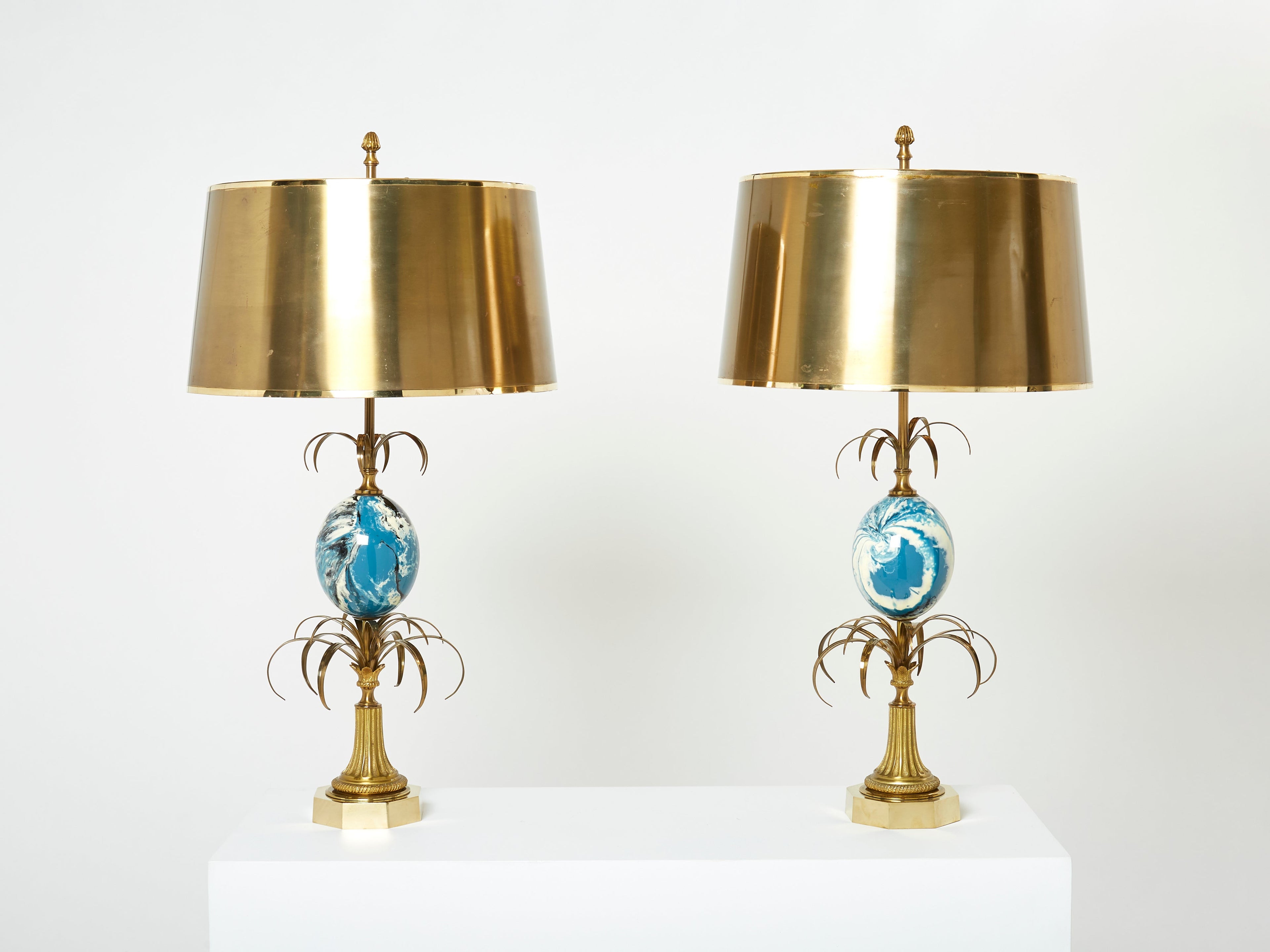 Maison Charles pair of brass lamps blue ostrich egg original shades 1960s