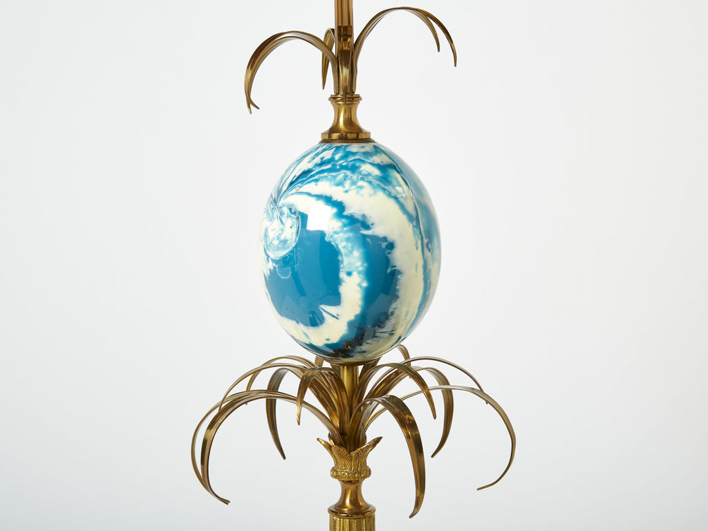 Maison Charles pair of brass lamps blue ostrich egg original shades 1960s