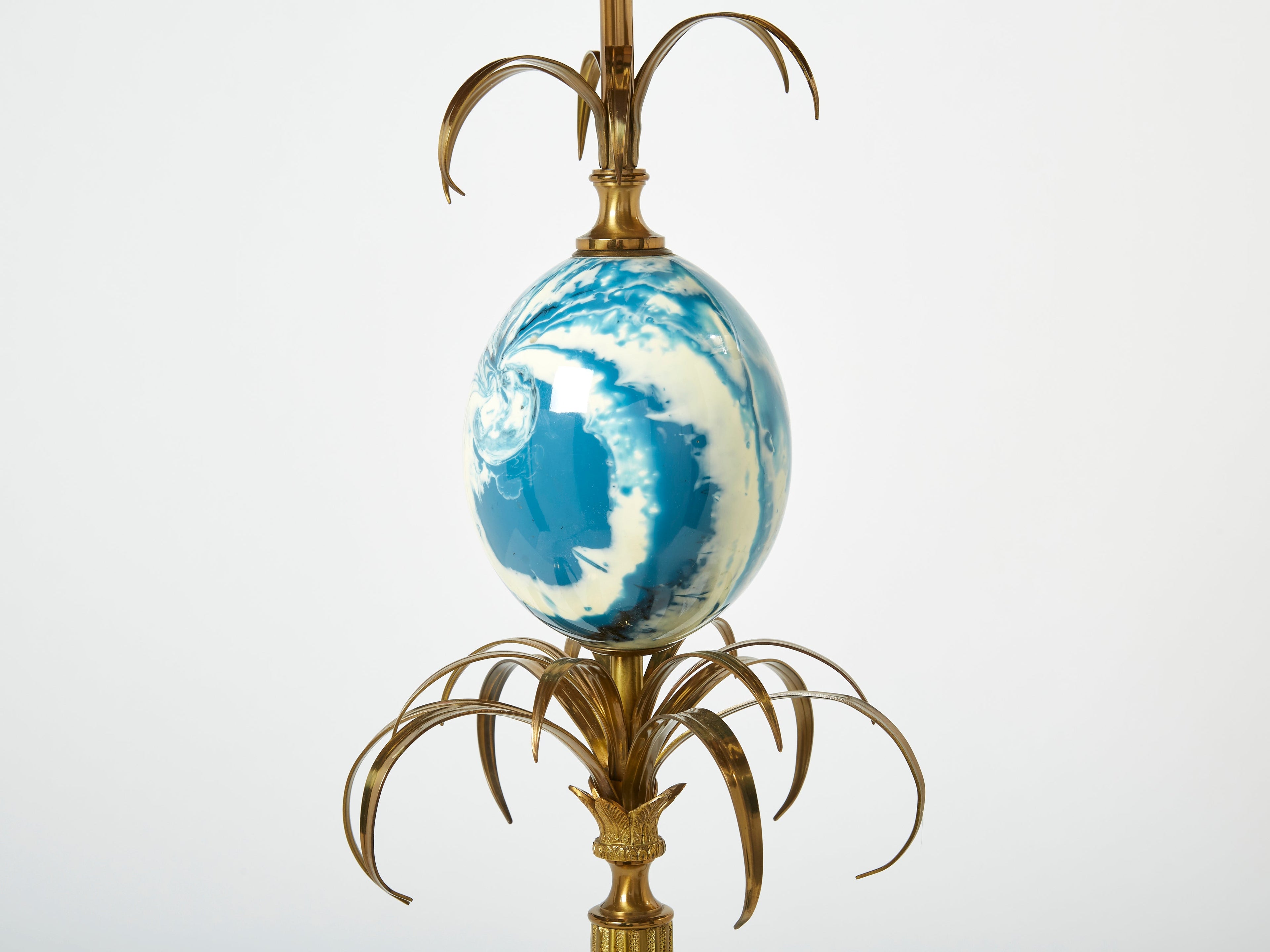 Maison Charles pair of brass lamps blue ostrich egg original shades 1960s