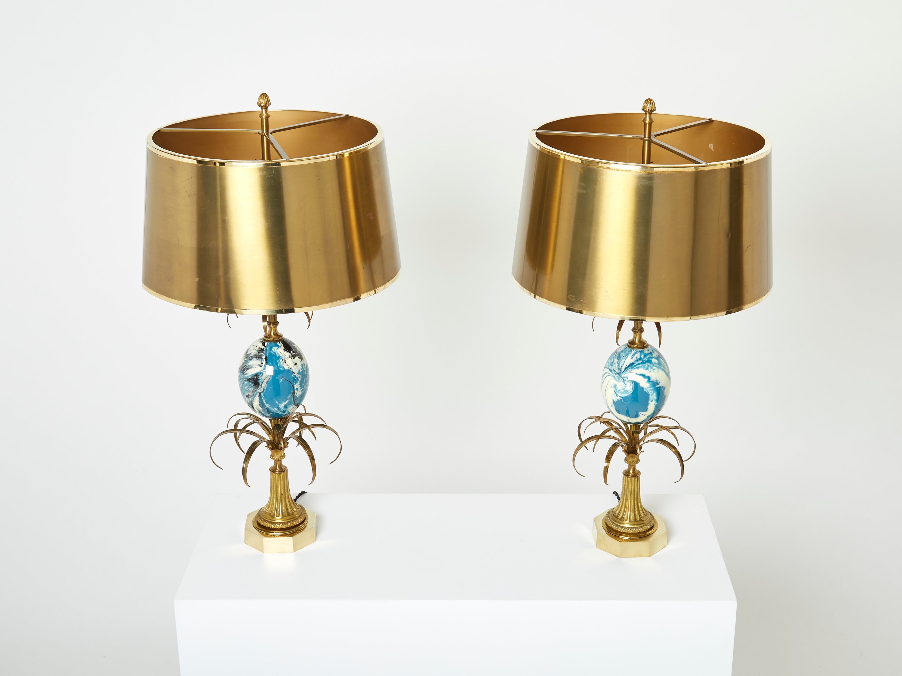 Maison Charles pair of brass lamps blue ostrich egg original shades 1960s