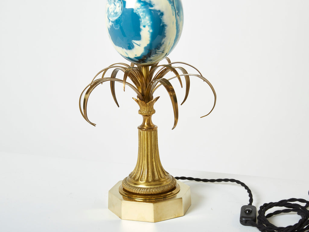 Maison Charles pair of brass lamps blue ostrich egg original shades 1960s