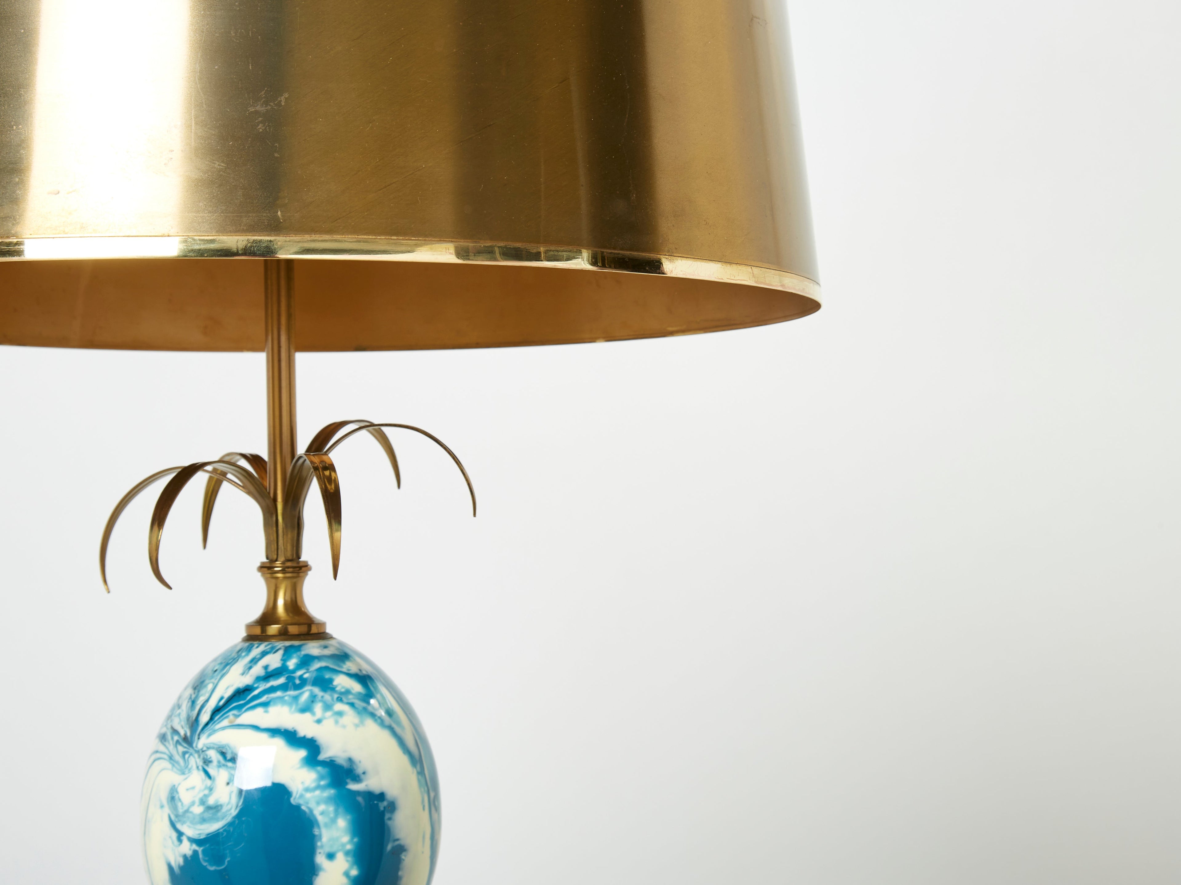 Maison Charles pair of brass lamps blue ostrich egg original shades 1960s