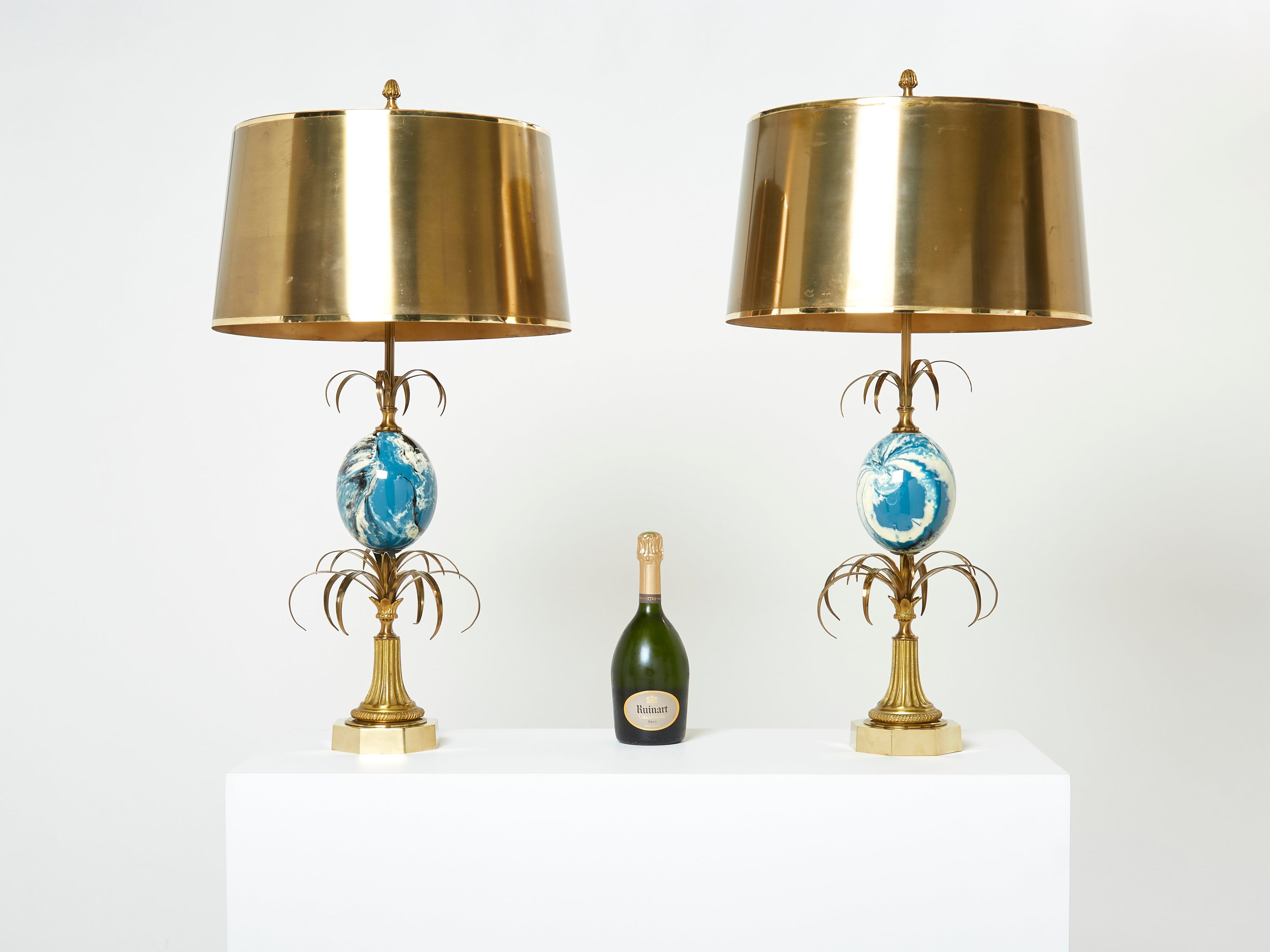 Maison Charles pair of brass lamps blue ostrich egg original shades 1960s