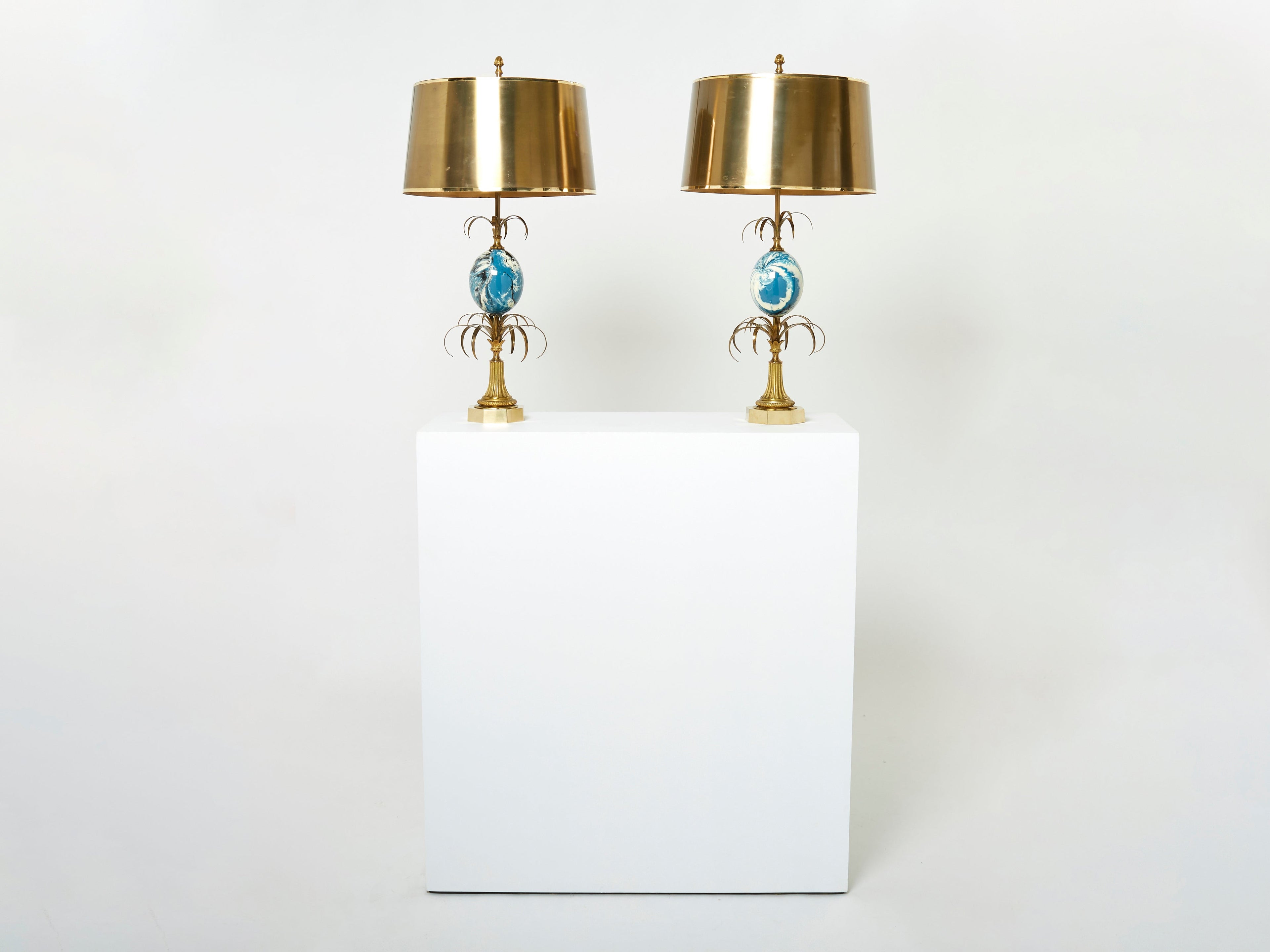 Maison Charles pair of brass lamps blue ostrich egg original shades 1960s