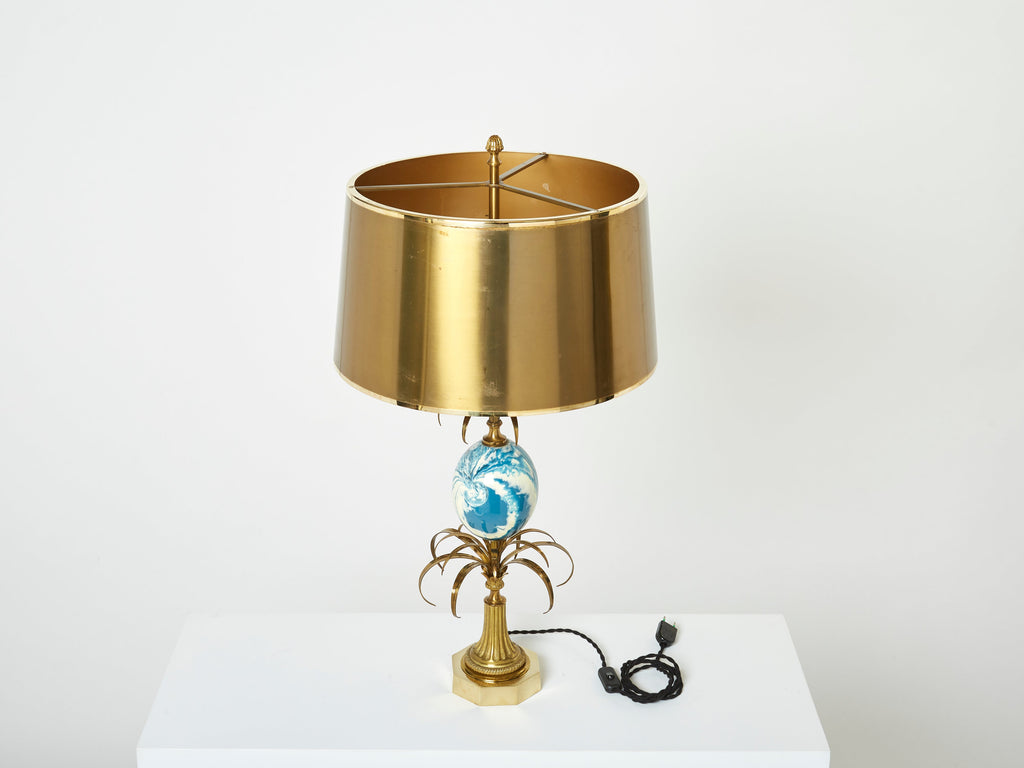 Maison Charles pair of brass lamps blue ostrich egg original shades 1960s