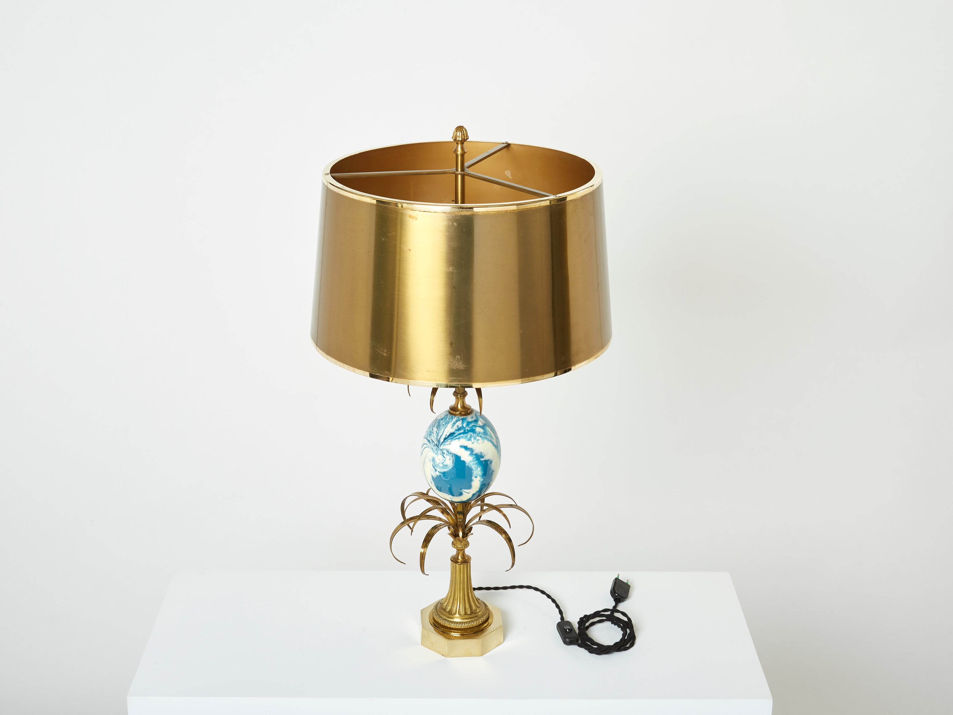 Maison Charles pair of brass lamps blue ostrich egg original shades 1960s