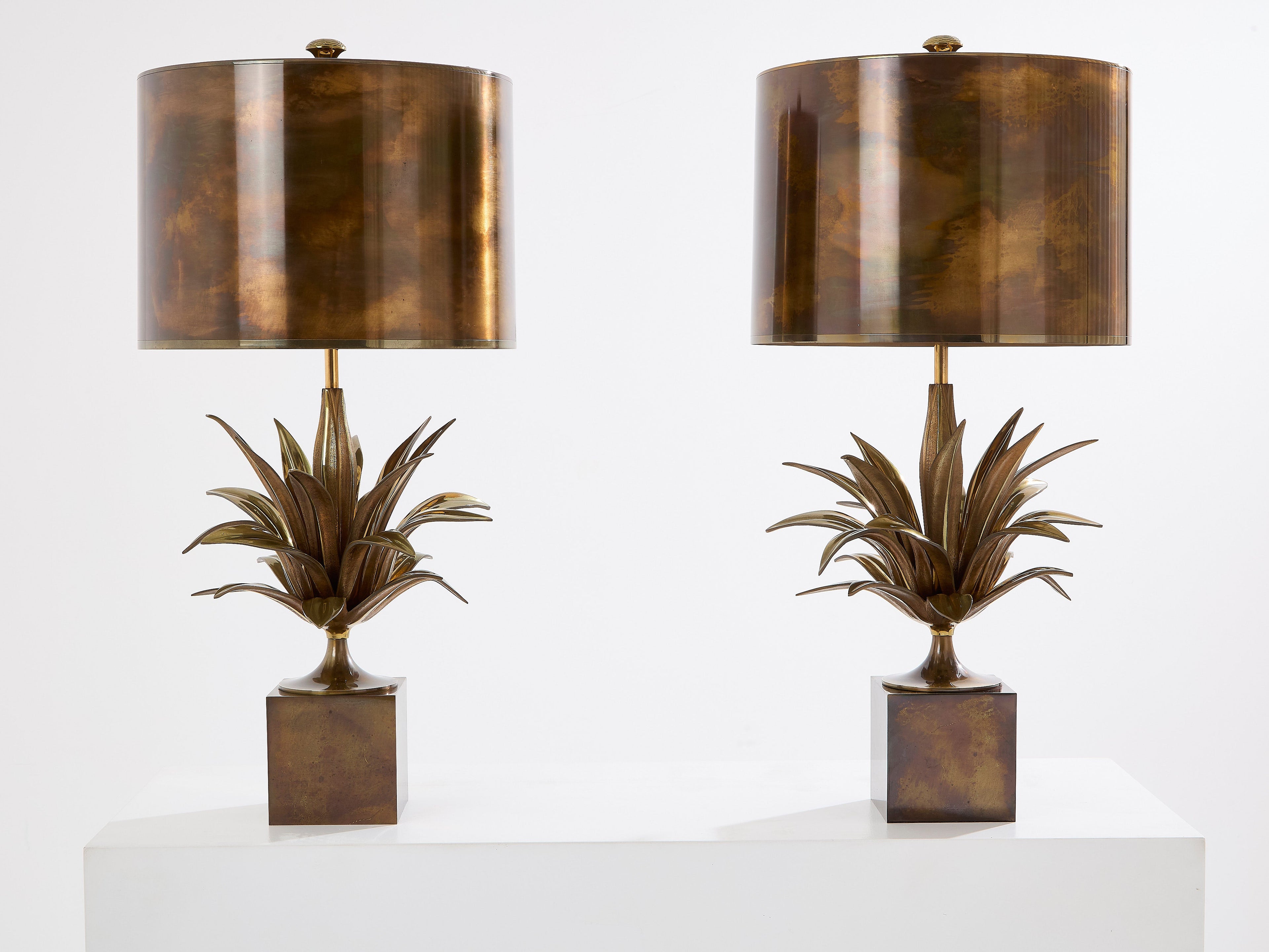 Maison Charles pair of patinated bronze and brass lamps agave 1970s