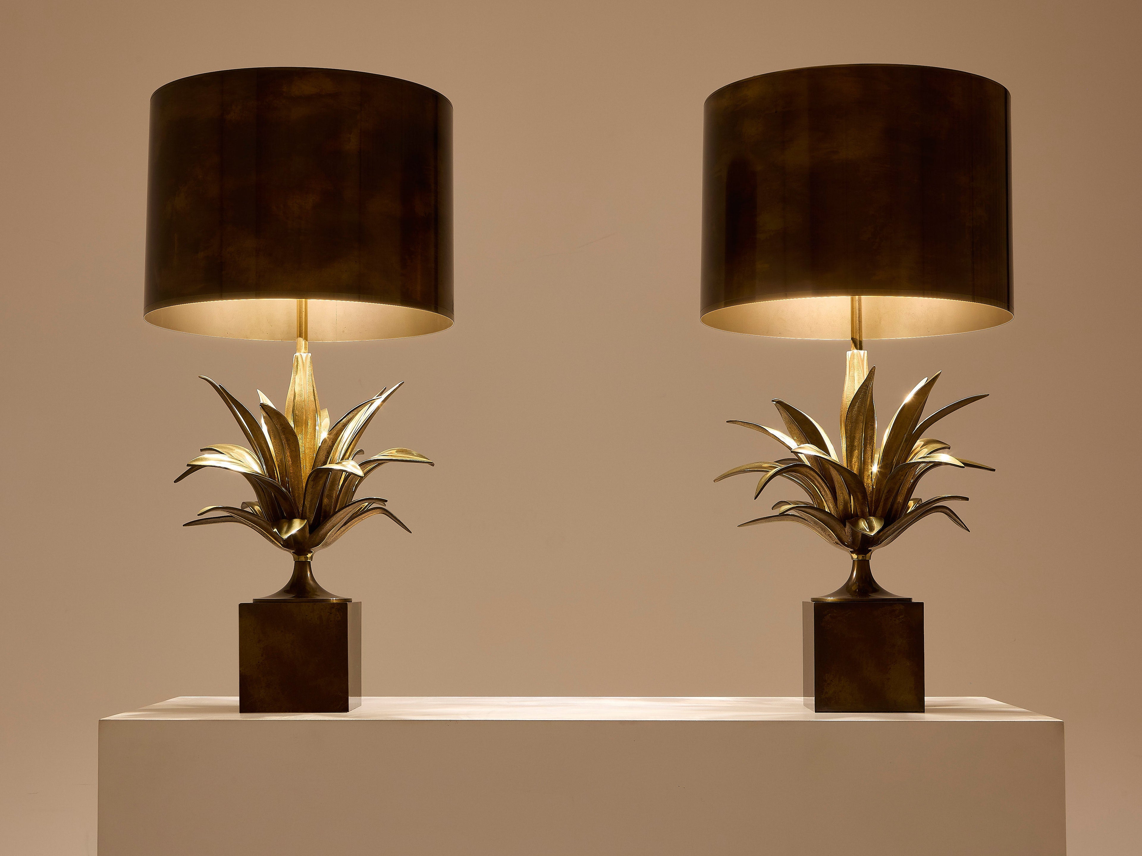 Maison Charles pair of patinated bronze and brass lamps agave 1970s