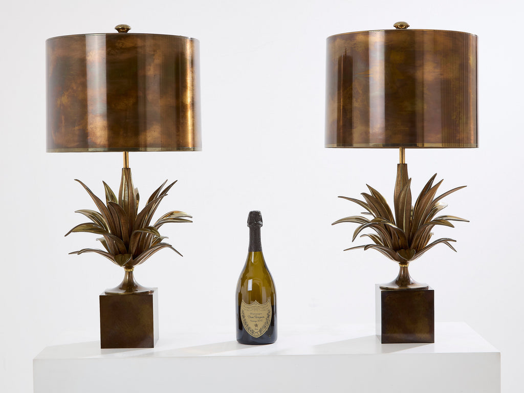 Maison Charles pair of patinated bronze and brass lamps agave 1970s