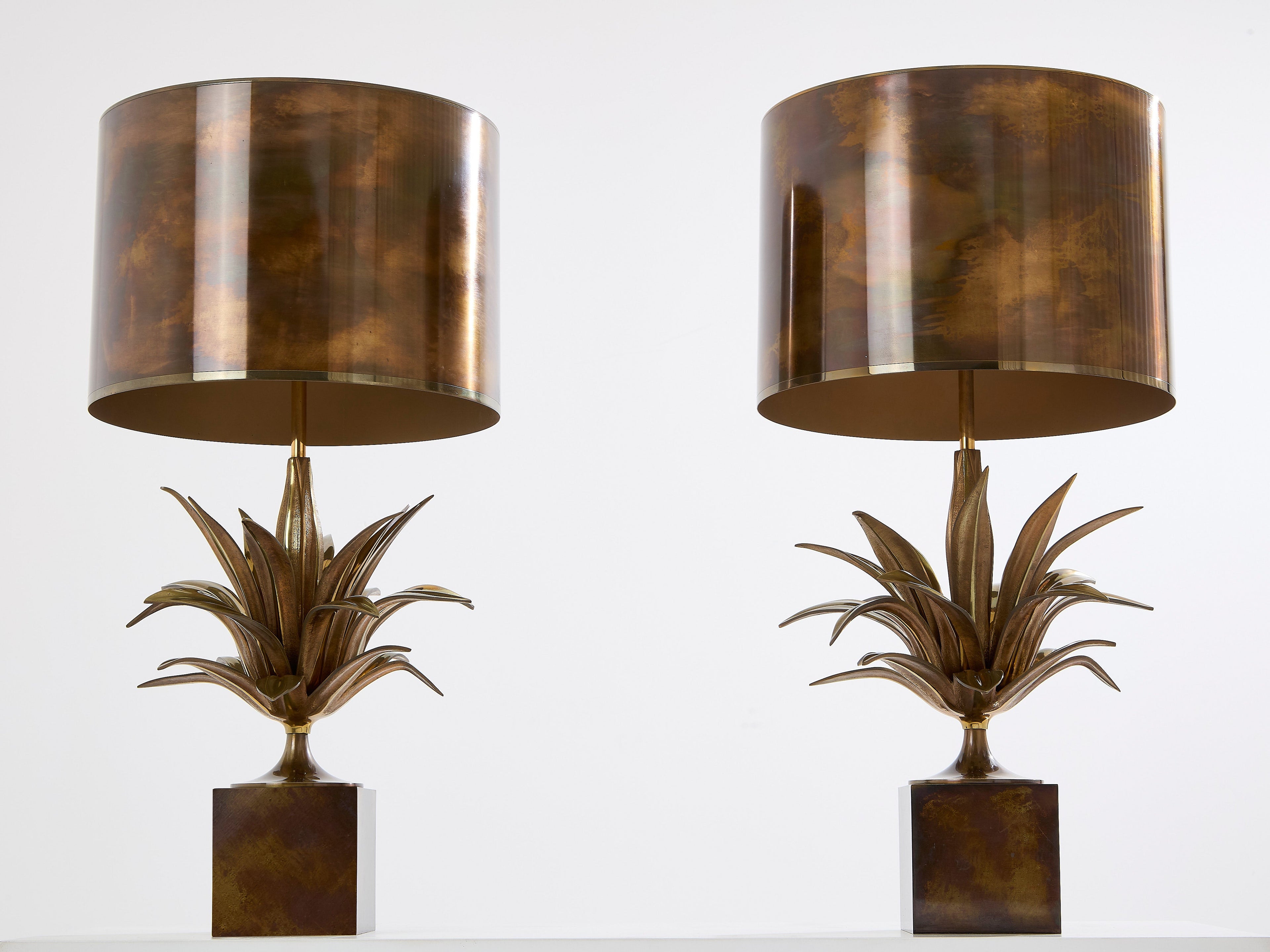 Maison Charles pair of patinated bronze and brass lamps agave 1970s