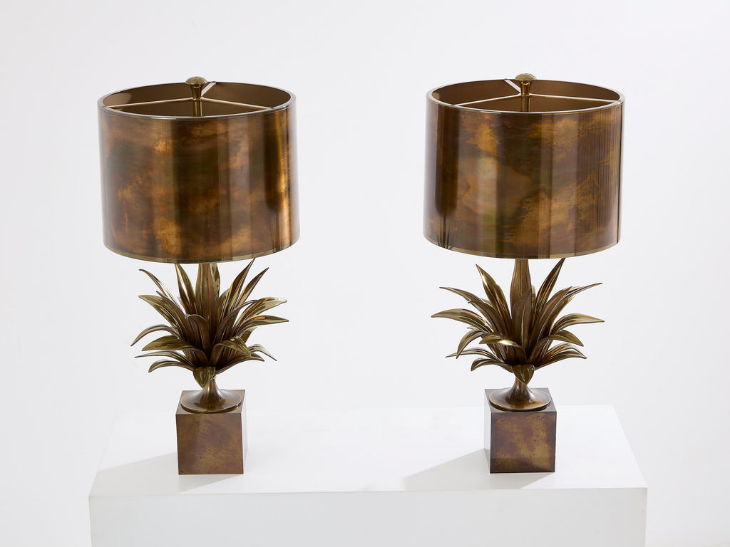 Maison Charles pair of patinated bronze and brass lamps agave 1970s