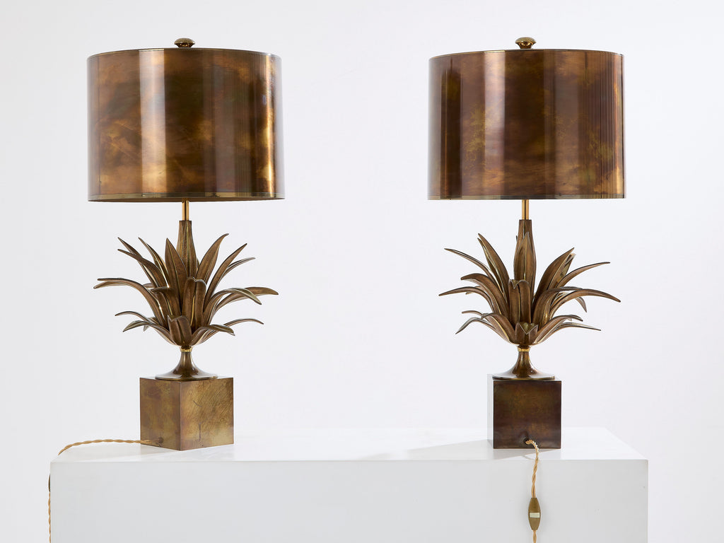Maison Charles pair of patinated bronze and brass lamps agave 1970s