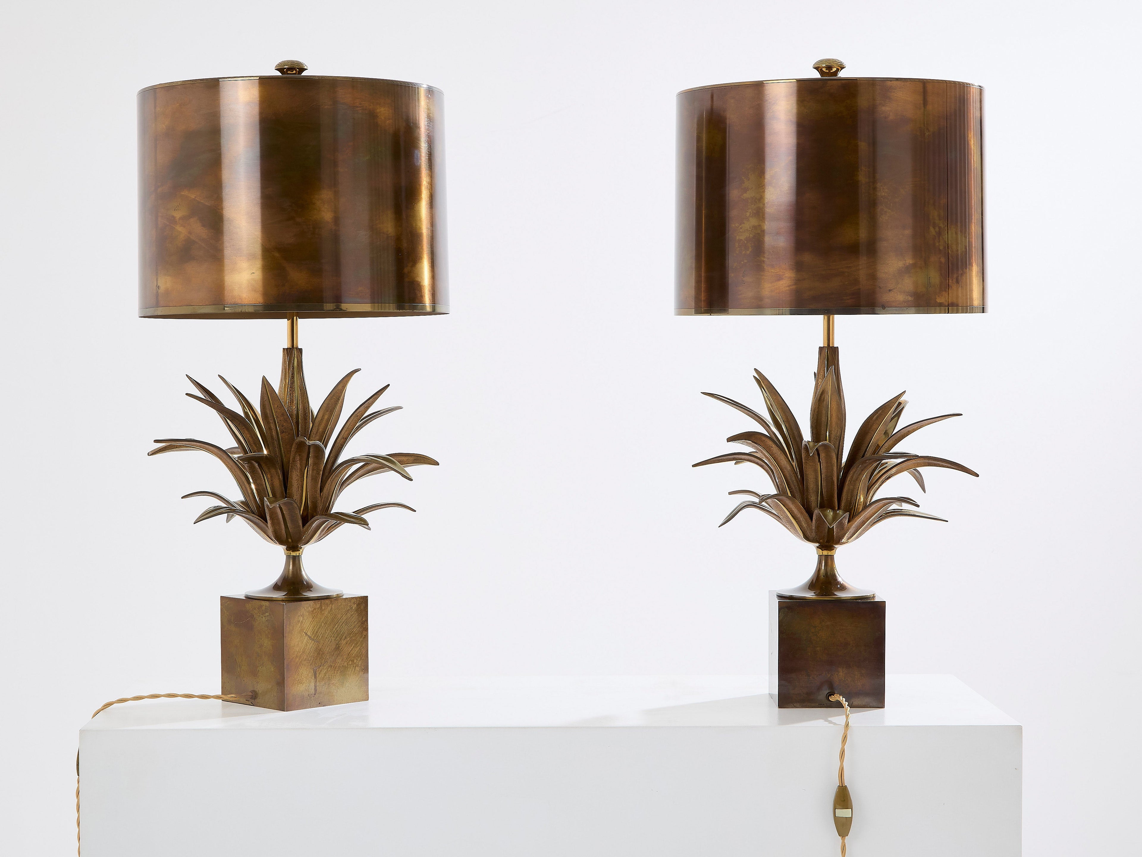 Maison Charles pair of patinated bronze and brass lamps agave 1970s