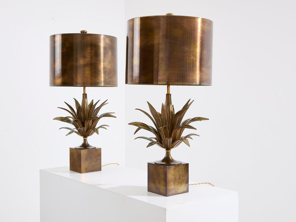 Maison Charles pair of patinated bronze and brass lamps agave 1970s