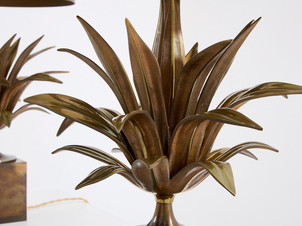 Maison Charles pair of patinated bronze and brass lamps agave 1970s