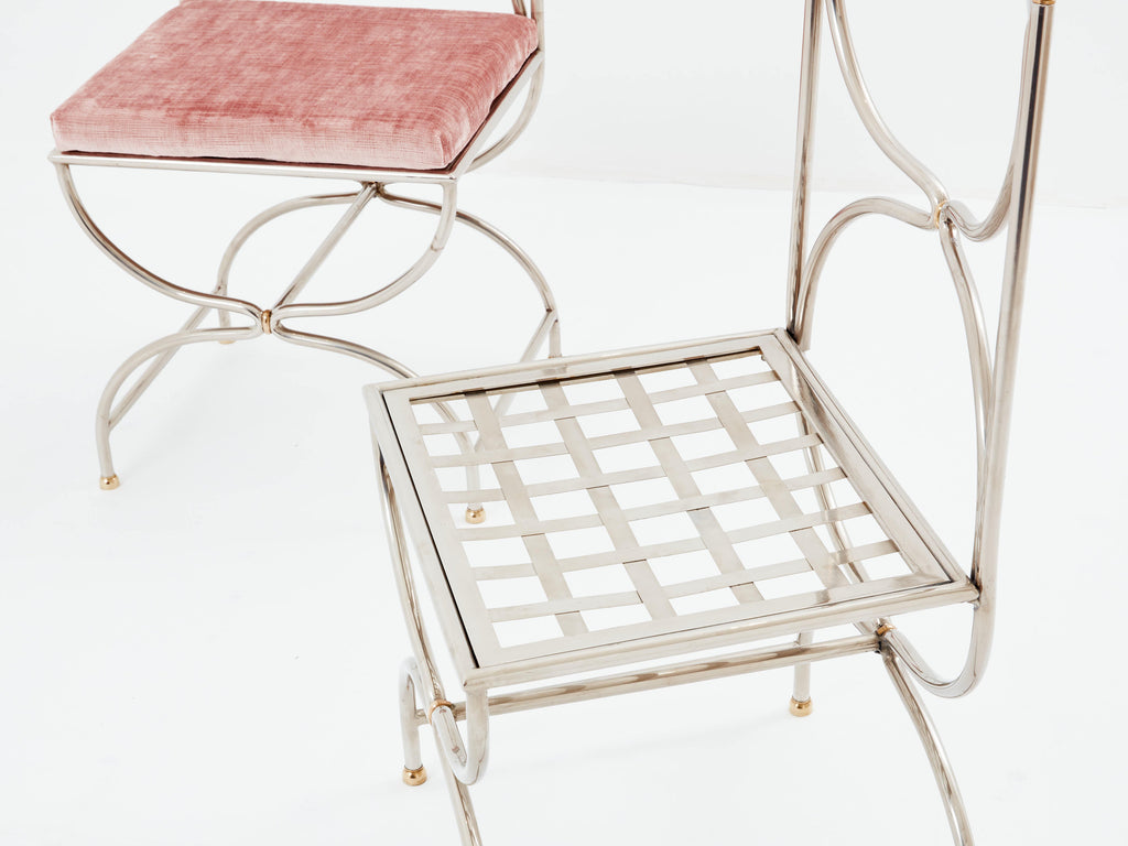 Maison Jansen 12 curule chairs steel brass pink velvet 1960s