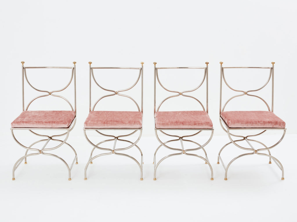 Maison Jansen 12 curule chairs steel brass pink velvet 1960s