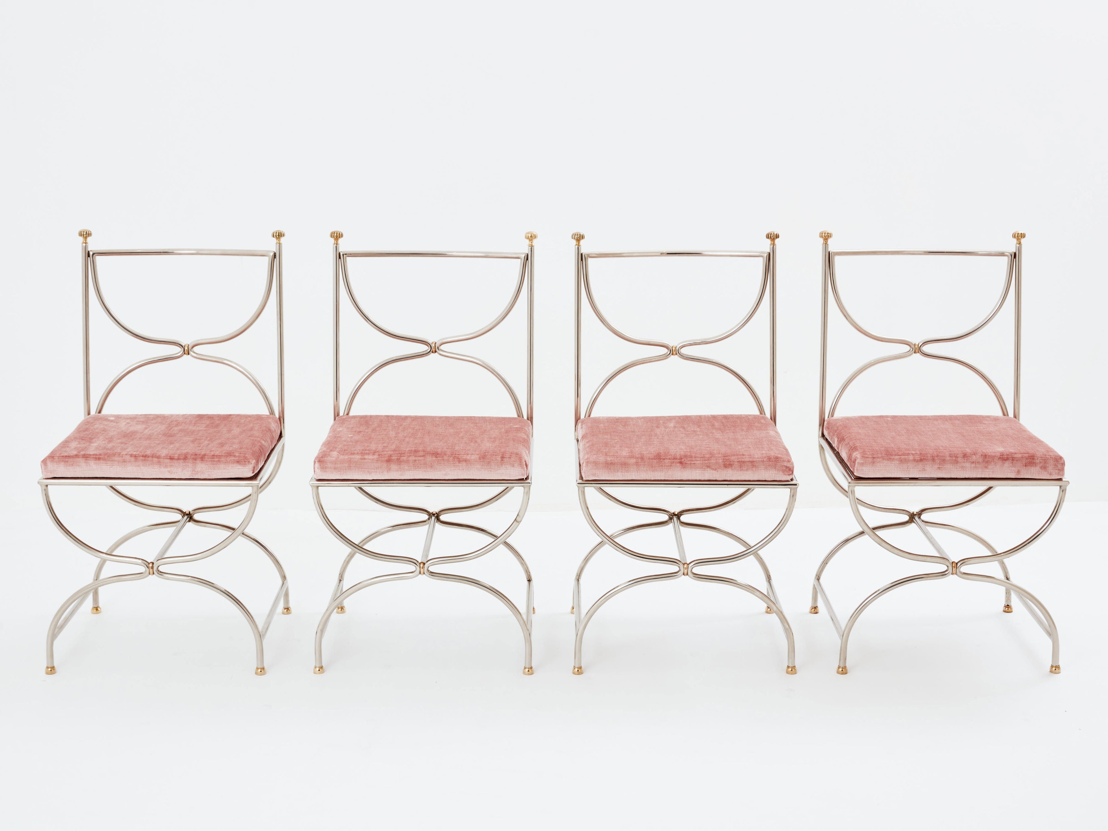 Maison Jansen 12 curule chairs steel brass pink velvet 1960s
