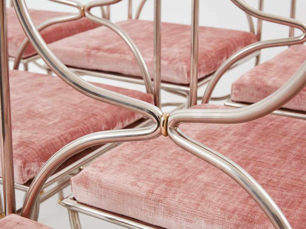 Maison Jansen 12 curule chairs steel brass pink velvet 1960s