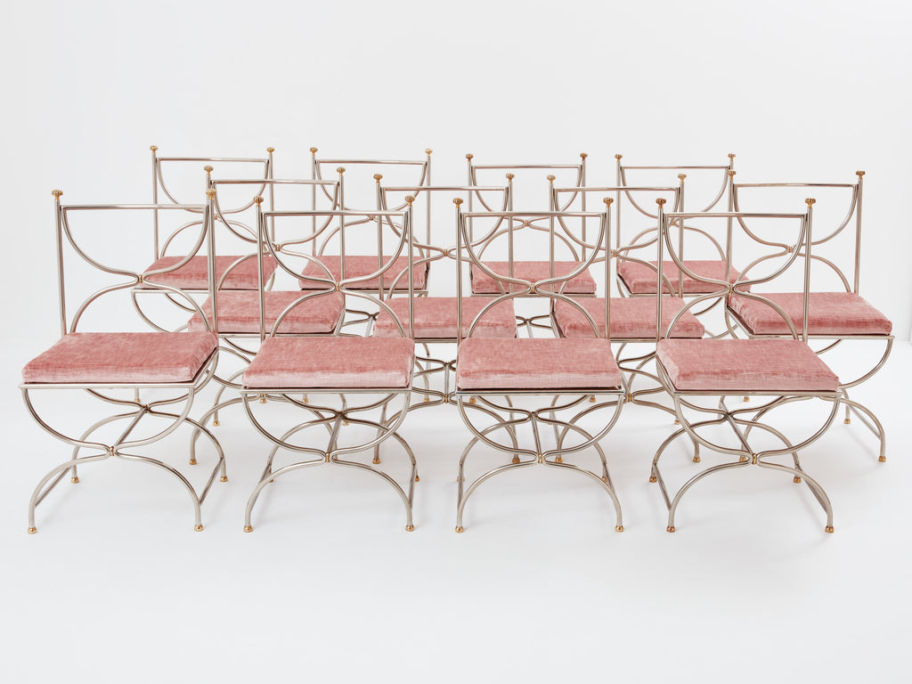 Maison Jansen 12 curule chairs steel brass pink velvet 1960s