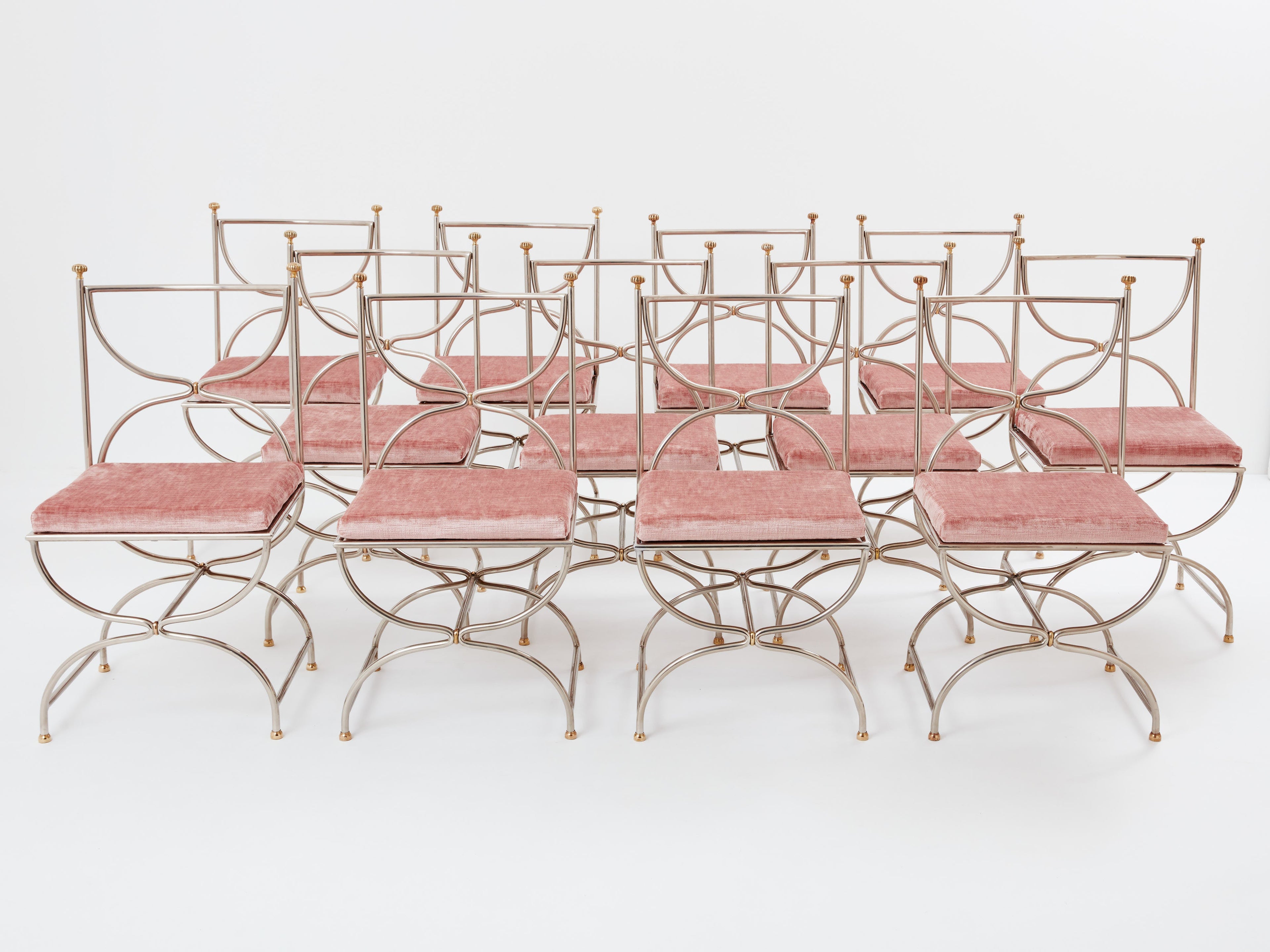 Maison Jansen 12 curule chairs steel brass pink velvet 1960s
