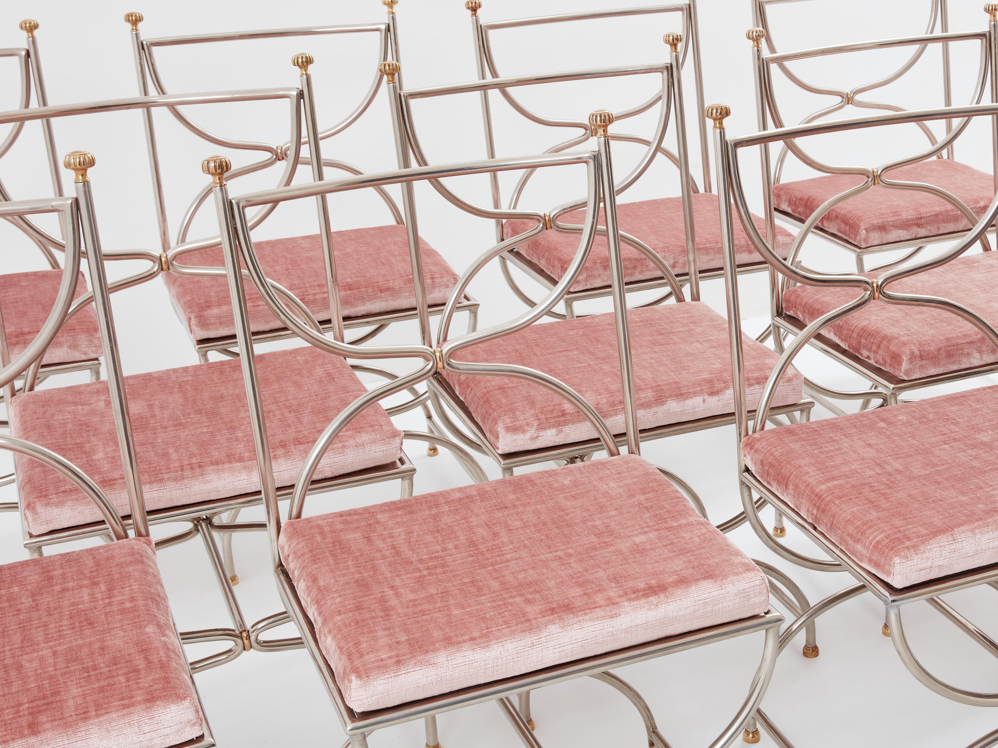 Maison Jansen 12 curule chairs steel brass pink velvet 1960s