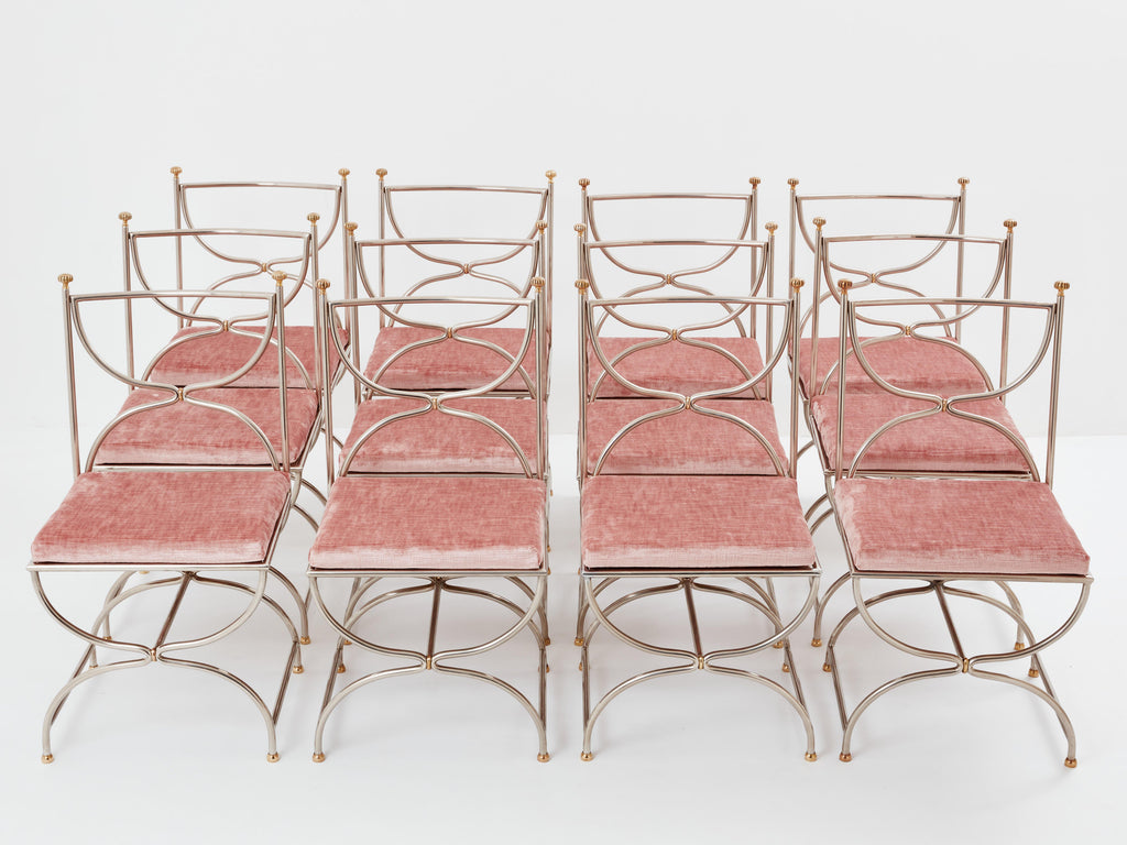 Maison Jansen 12 curule chairs steel brass pink velvet 1960s