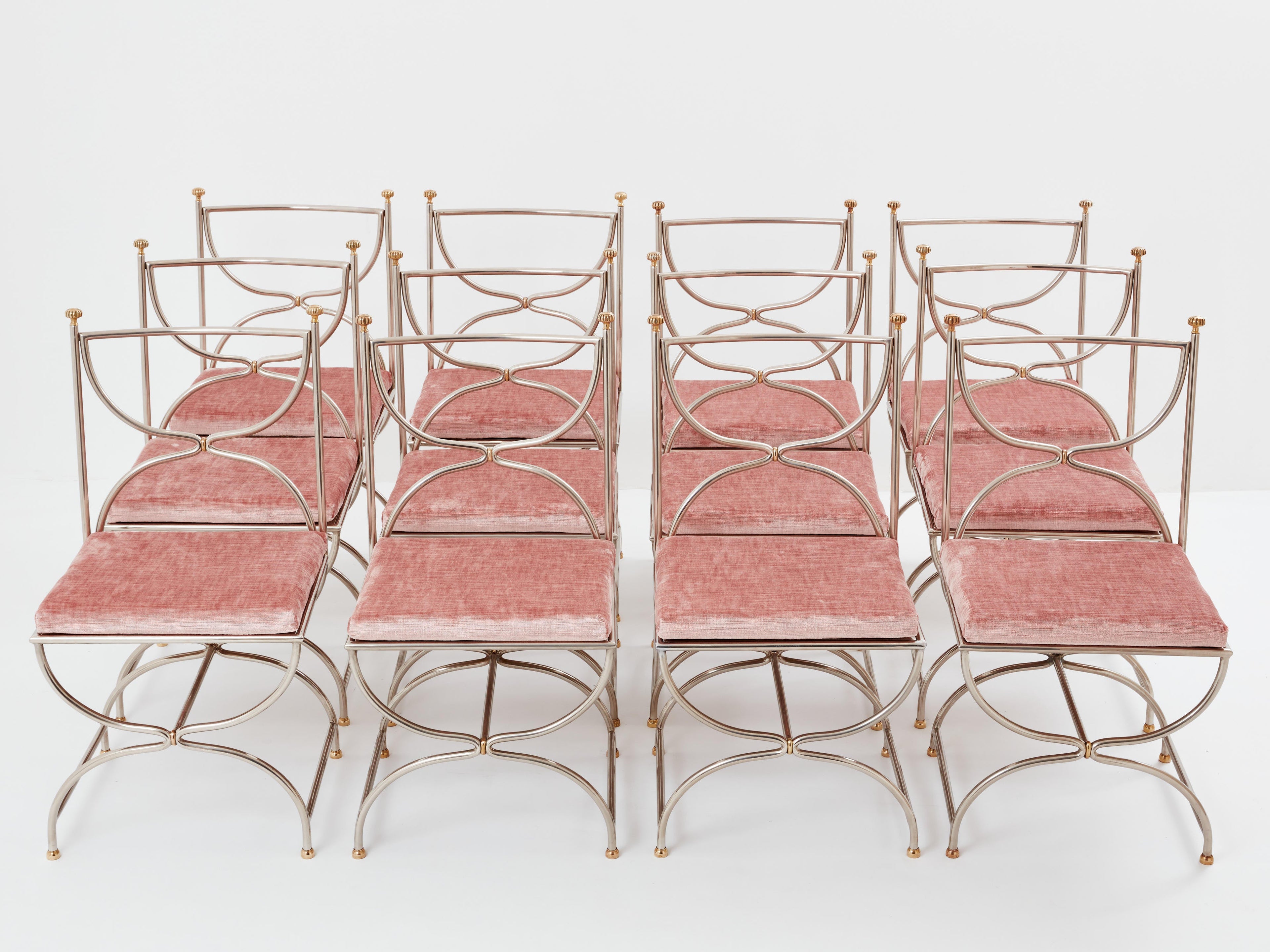 Maison Jansen 12 curule chairs steel brass pink velvet 1960s