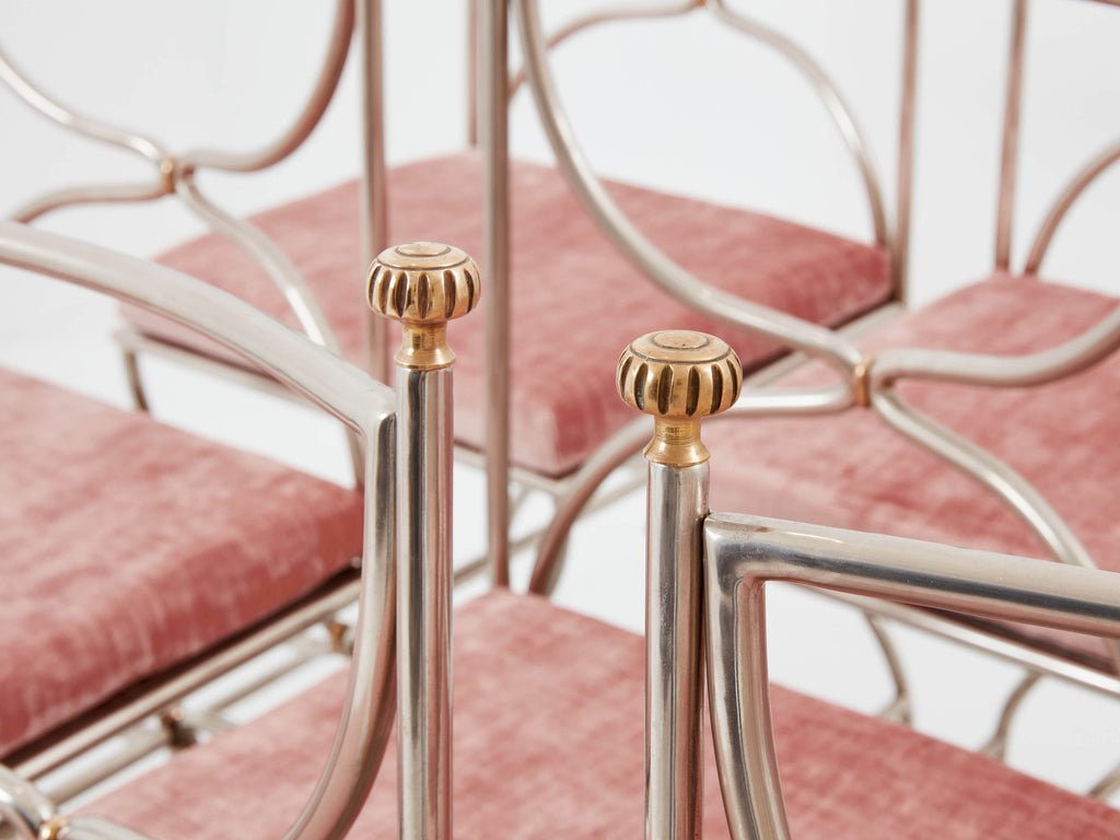 Maison Jansen 12 curule chairs steel brass pink velvet 1960s