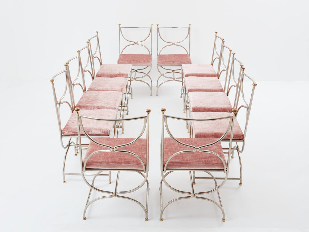 Maison Jansen 12 curule chairs steel brass pink velvet 1960s