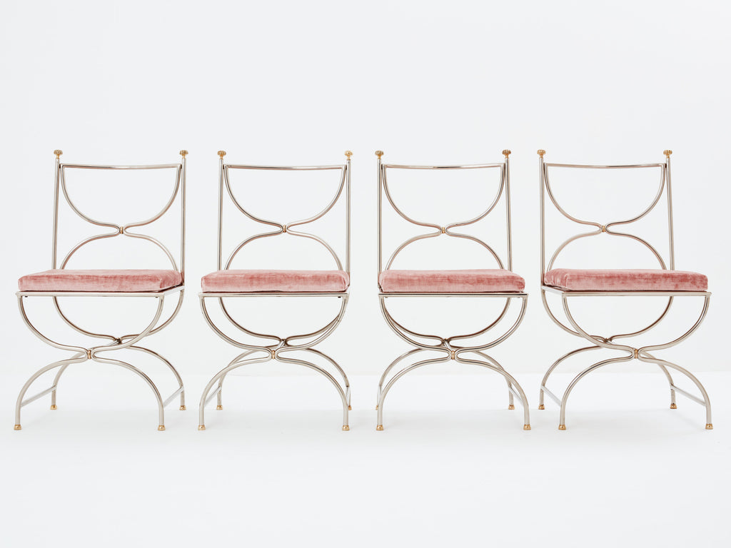 Maison Jansen 12 curule chairs steel brass pink velvet 1960s